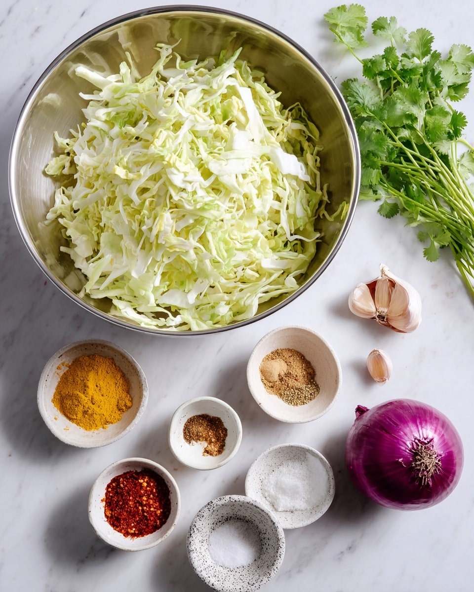 A large silver bowl filled with shredded pale green cabbage sits at the center on a white marbled surface; around it are seven small white bowls each containing different spices and ingredients: bright yellow turmeric powder, light brown cumin seeds, mixed ground spices in beige, bright red chili powder in a speckled gray bowl, white salt, and a dollop of white coconut oil, plus a single purple garlic clove and a whole red onion near fresh green cilantro leaves at the top right; the scene is well lit and clean. photo taken with an iphone --ar 4:5 --v 7