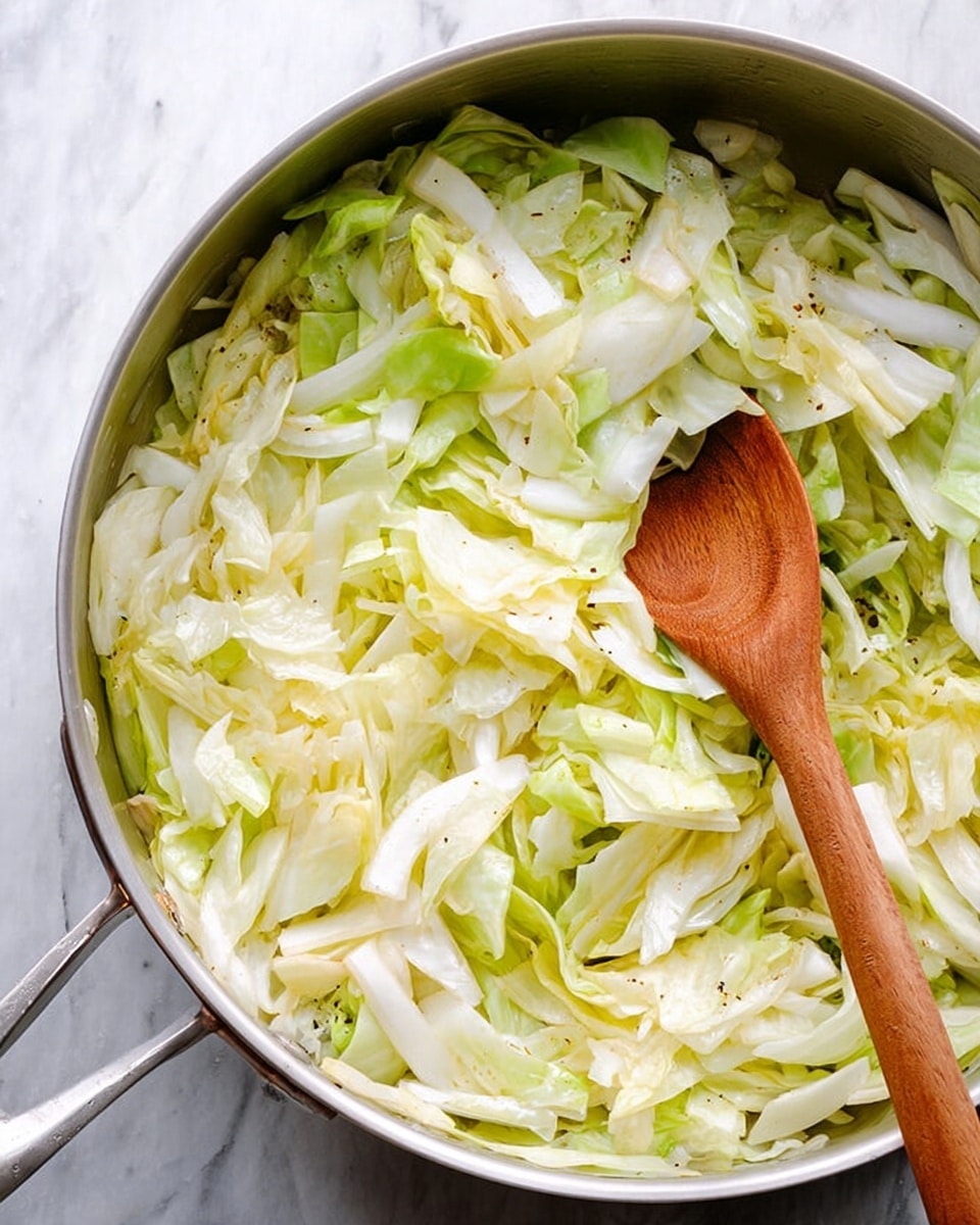A close-up view of a stainless steel pan filled with thinly sliced pale green and white cabbage pieces, some slightly translucent, showing light shining through. The cabbage layers look soft with a slight shine, mixed with a few small dark seasoning bits. Inside the pan, on the right side, there is a wooden spoon resting among the cabbage, showing a warm brown color and smooth texture. The pan is placed on a white marbled surface. photo taken with an iphone --ar 4:5 --v 7