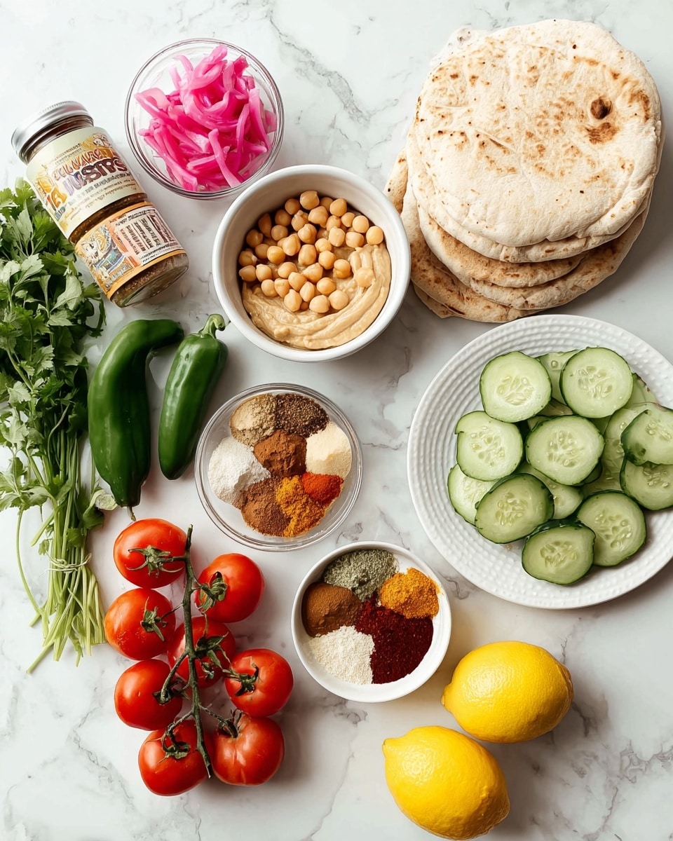 The image shows several ingredients on a white marbled surface. There are two round pita breads stacked on the top right side, with a clear container of smooth, light beige hummus next to them. Below the pita, there are bright red cherry tomatoes still on the vine. To the bottom right, two whole yellow lemons sit next to a white plate full of thin, even slices of green cucumber. Near the center, a white bowl holds a mix of colorful spices including brown, red, and beige powders. Above this bowl, another white bowl is filled with round, pale yellow chickpeas. On the upper left side, a small white bowl contains bright pink pickled onions. On the left, there are two whole green jalapeno peppers, some fresh green cilantro bunch, and two spice jars labeled cayenne pepper and ground cumin. A woman’s hand is not present in this image. Photo taken with an iphone --ar 4:5 --v 7