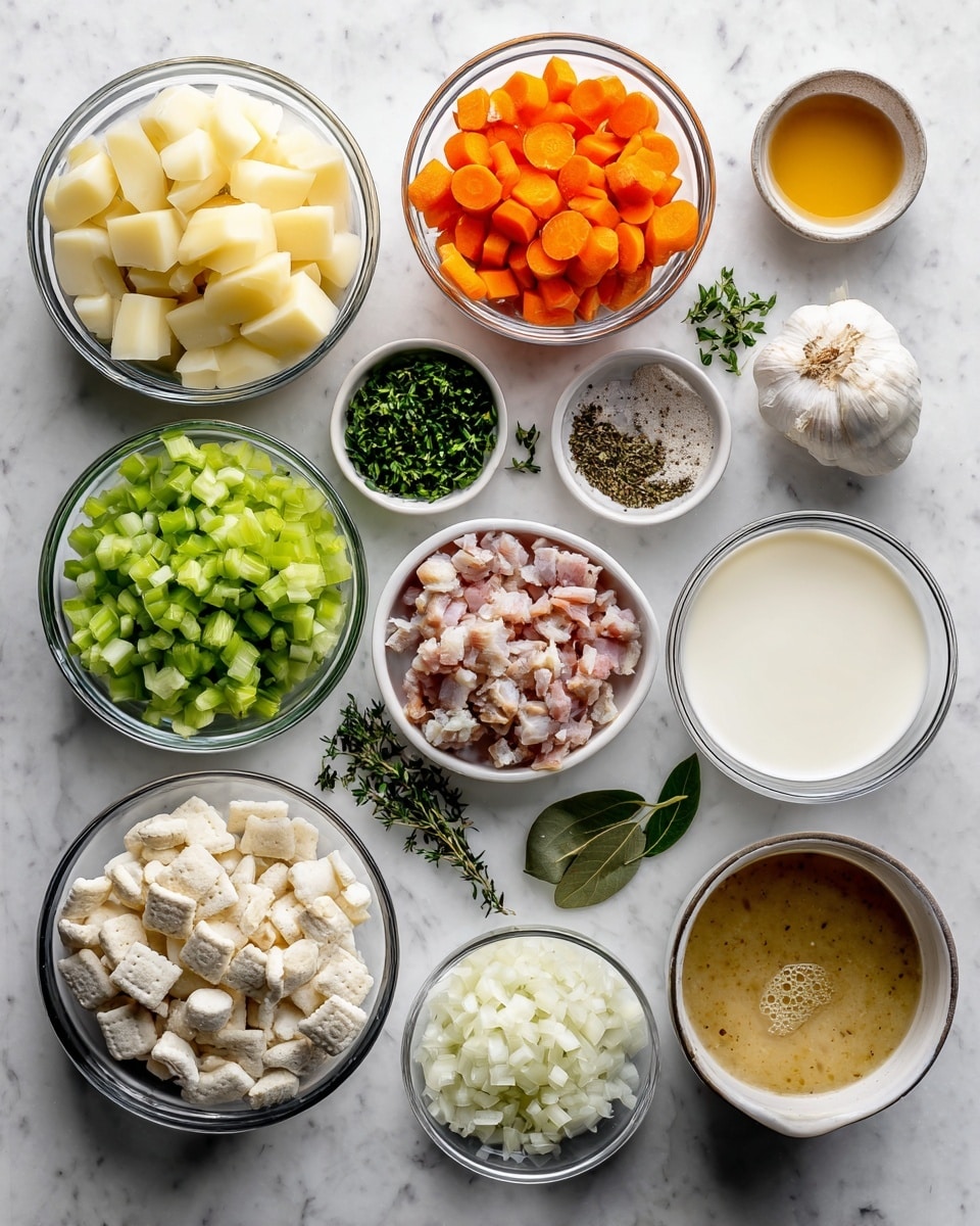 The image shows various ingredients arranged neatly on a white marbled surface. Each ingredient is in a clear glass bowl or small clear dish. There are small diced potatoes in one bowl, bright orange sliced carrots in another, and finely chopped white onions in a separate bowl. Another bowl contains chopped celery with a vibrant green color, and another holds small chunks of bacon. Oyster crackers sit in a bowl, along with clams in a bowl with light brown pieces. There is also a bowl of creamy milk and one with heavy cream, both white in color, alongside a bowl of golden broth labeled stock. Smaller dishes hold garlic, salt, pepper, and dried thyme, with a fresh green bay leaf and parsley visible. The ingredients are clearly separated and labeled, placed in an organized way. photo taken with an iphone --ar 4:5 --v 7