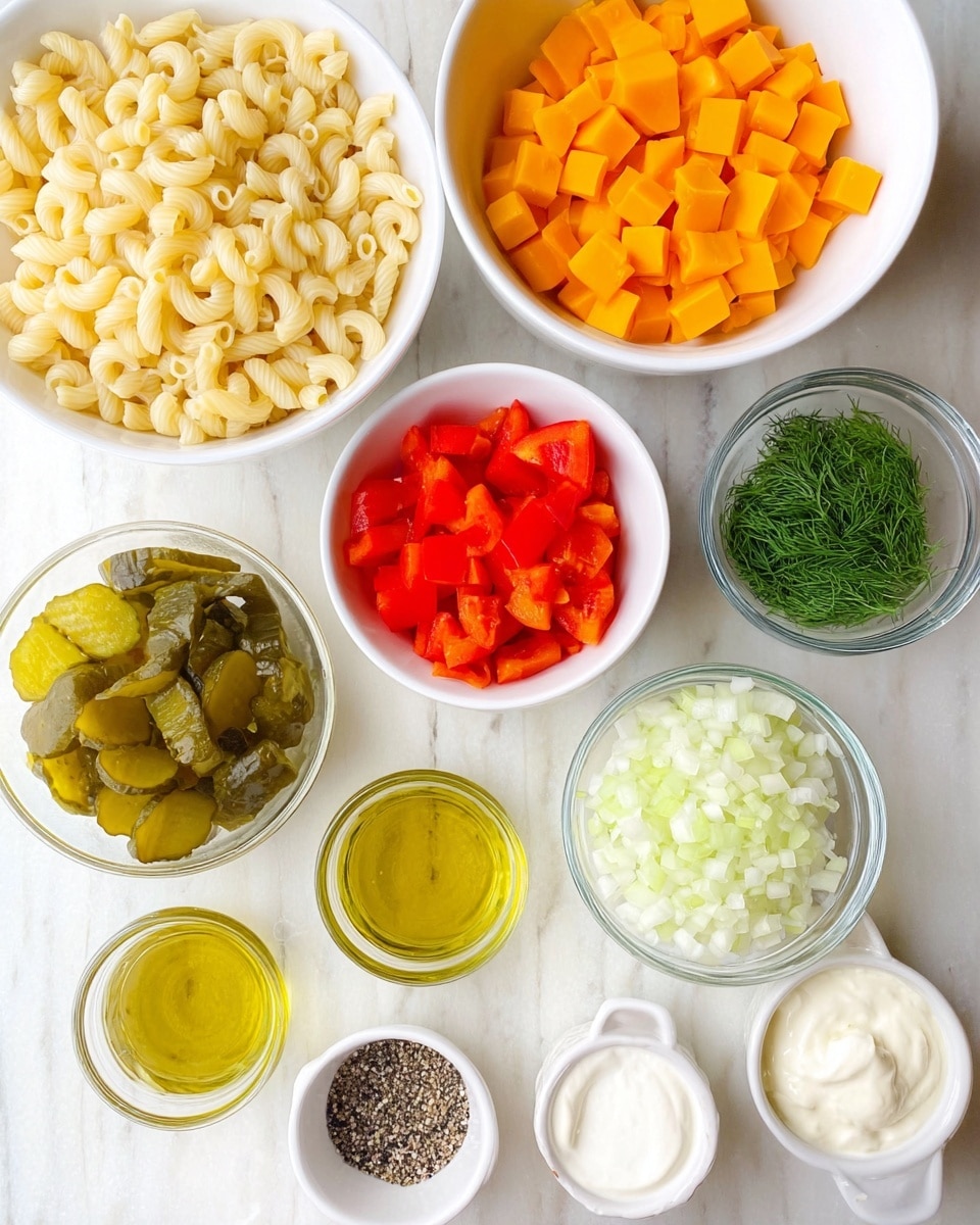 The image shows several white bowls arranged neatly on a white marbled surface. One large bowl at the bottom left is filled with cooked elbow macaroni pasta, which is pale yellow and smooth. To its right, another large bowl contains bright orange cubed cheddar cheese, and below that is a smaller bowl with chopped red bell peppers in small square pieces. In the center, a medium bowl holds sliced pickles with a greenish-yellow hue and a glossy texture. Surrounding these bowls are smaller glass bowls containing finely chopped white onions, fresh green dill, golden olive oil, mayonnaise with a creamy white texture, sour cream with a similar creamy look, and a small white dish with salt and black pepper. The setup is clean, bright, and well-organized. photo taken with an iphone --ar 4:5 --v 7