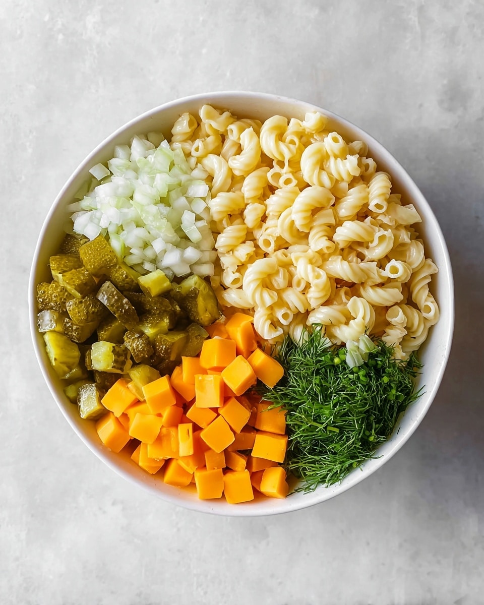 A white bowl sits on a white marbled surface, filled with four main layers arranged side by side. The largest layer takes up about half the bowl and is pale yellow, made of cooked twisty macaroni pasta with a smooth texture. Next to it is a layer of diced pickles in various shades of green with a wet, shiny look. Below them are small cubes of bright orange cheese, neat and uniform in size. The final two smaller layers are finely chopped white onions and fresh green dill with feathery leaves, adding color contrast and texture. Photo taken with an iphone --ar 4:5 --v 7