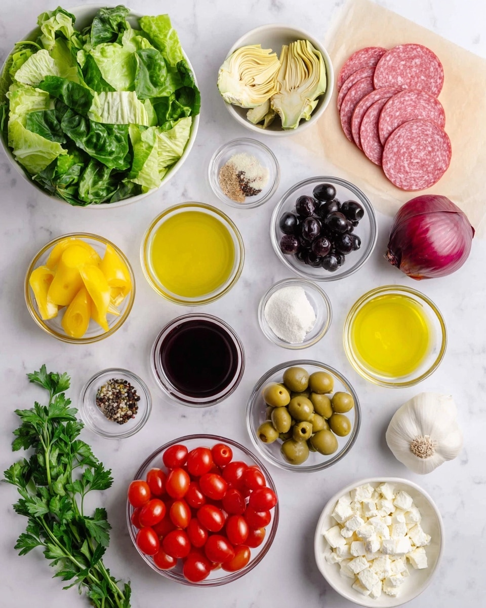 The image shows arranged ingredients on a white marbled surface. At the top left, there is fresh green leafy lettuce, next to a white bowl filled with green leaves. On the right side, slices of pink salami are stacked on a piece of pale brown parchment. Below the lettuce, there are small clear glass bowls holding bright yellow pepper slices and light beige artichoke hearts. Near the top right, a white bowl contains black olives, and next to it is a yellow lemon. More small clear glass bowls hold light golden olive oil, a mix of white salt and black pepper, and a mustard-colored sauce. A red onion and a white garlic bulb are positioned below the artichoke bowl. To the bottom left, fresh parsley sits next to a small clear bowl of dark balsamic vinegar. Toward the bottom right, there is a white bowl full of bright red grape tomatoes, and next to it, another white bowl holds green olives stuffed with pimentos. At the very bottom, a white bowl contains white crumbly cheese. photo taken with an iphone --ar 4:5 --v 7