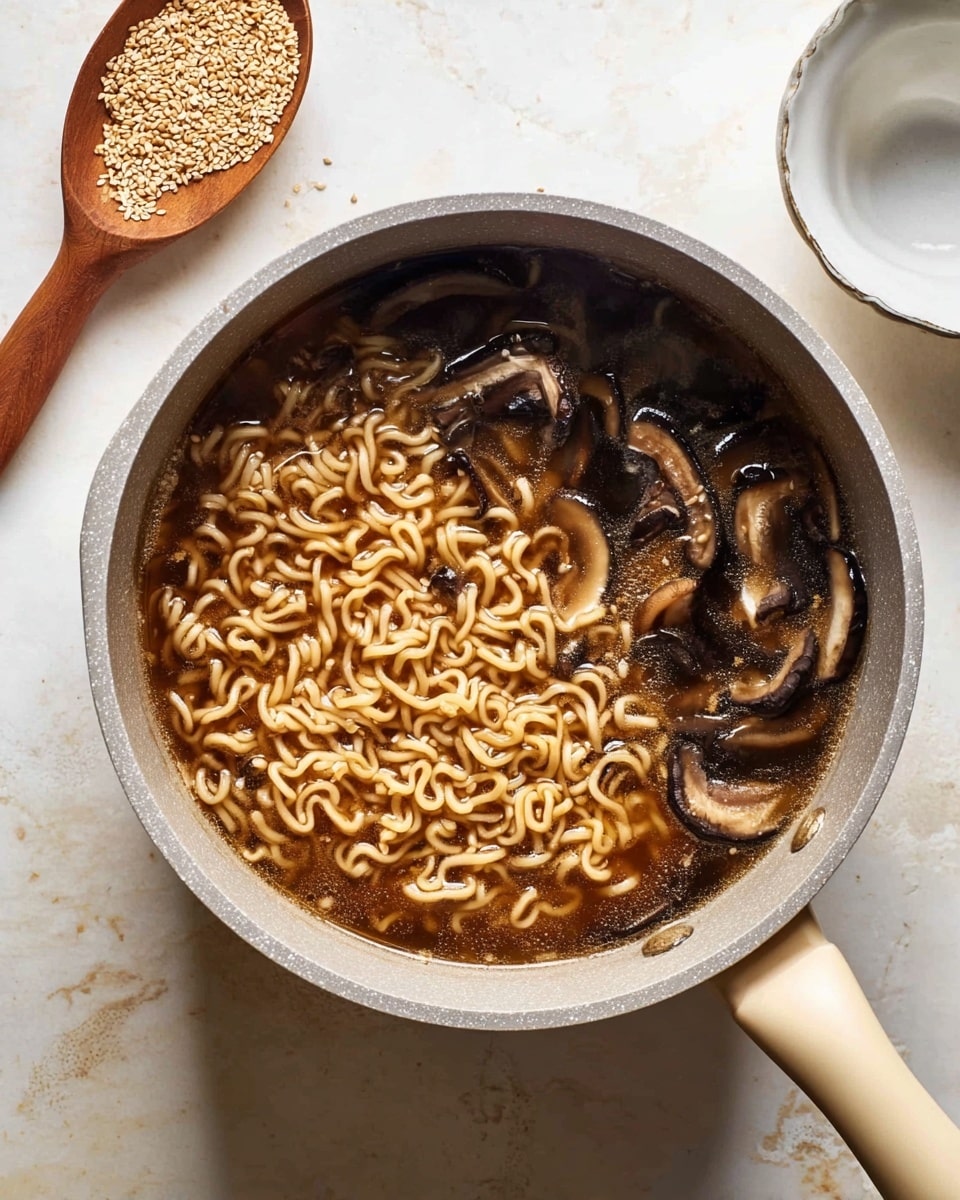A light gray saucepan sits on a white marbled surface, filled with dark brown broth containing soft, curly, light brown noodles that fill most of the pan. On one side, there are sliced dark brown mushrooms soaking in the broth. The pan handle is light gray with a beige grip, pointing to the bottom left. Nearby, a wooden scoop with light tan seeds rests in a white bowl with scalloped edges, and a clean white cup saucer is partially visible on the right side photo taken with an iphone --ar 4:5 --v 7