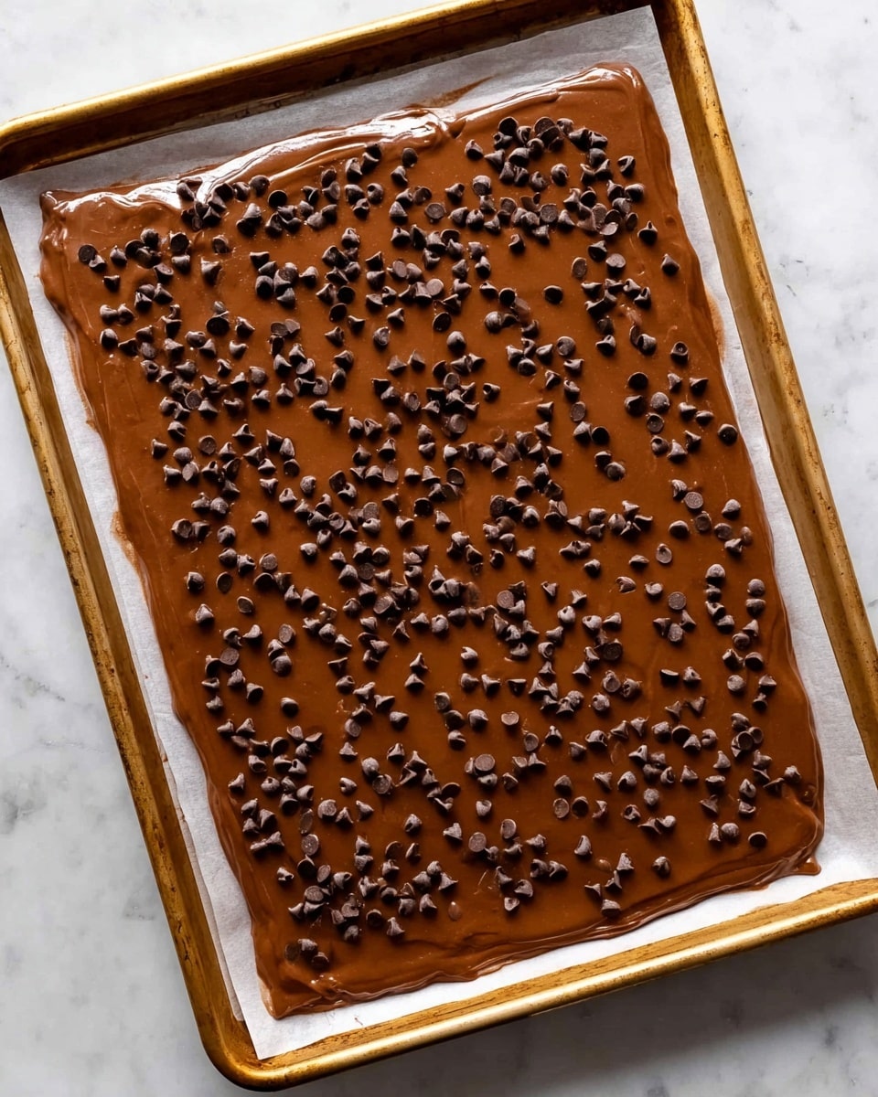 A single layer of smooth, rich brown chocolate batter spreads evenly across a baking sheet lined with white parchment paper. Scattered generously on top are small, dark chocolate chips that add texture and contrast to the glossy surface. The baking sheet has slightly worn gold edges, and it sits on a white marbled background that shows subtle gray veins, creating a clean and elegant setting. photo taken with an iphone --ar 4:5 --v 7