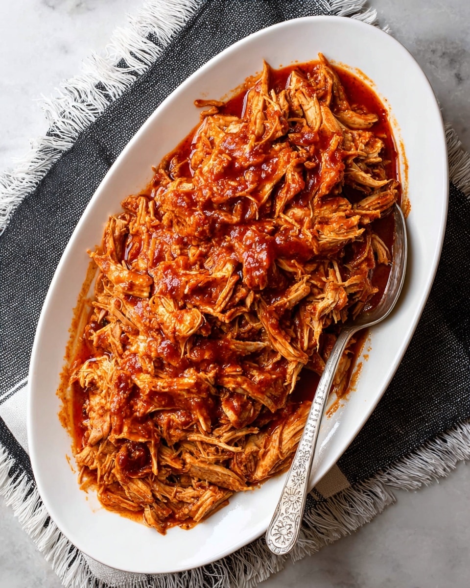 A white oval plate filled with shredded cooked chicken covered in a thick red-brown sauce, showing some chicken pieces darker and more glazed on top. The sauce is spread evenly, giving the chicken a moist, tender look with a mix of smooth and slightly chunky textures. A silver spoon with engraved designs is placed on the right edge of the plate, partially resting in the chicken. The plate sits on a black and white striped cloth with fringed edges, all placed on a white marbled surface. Photo taken with an iphone --ar 4:5 --v 7