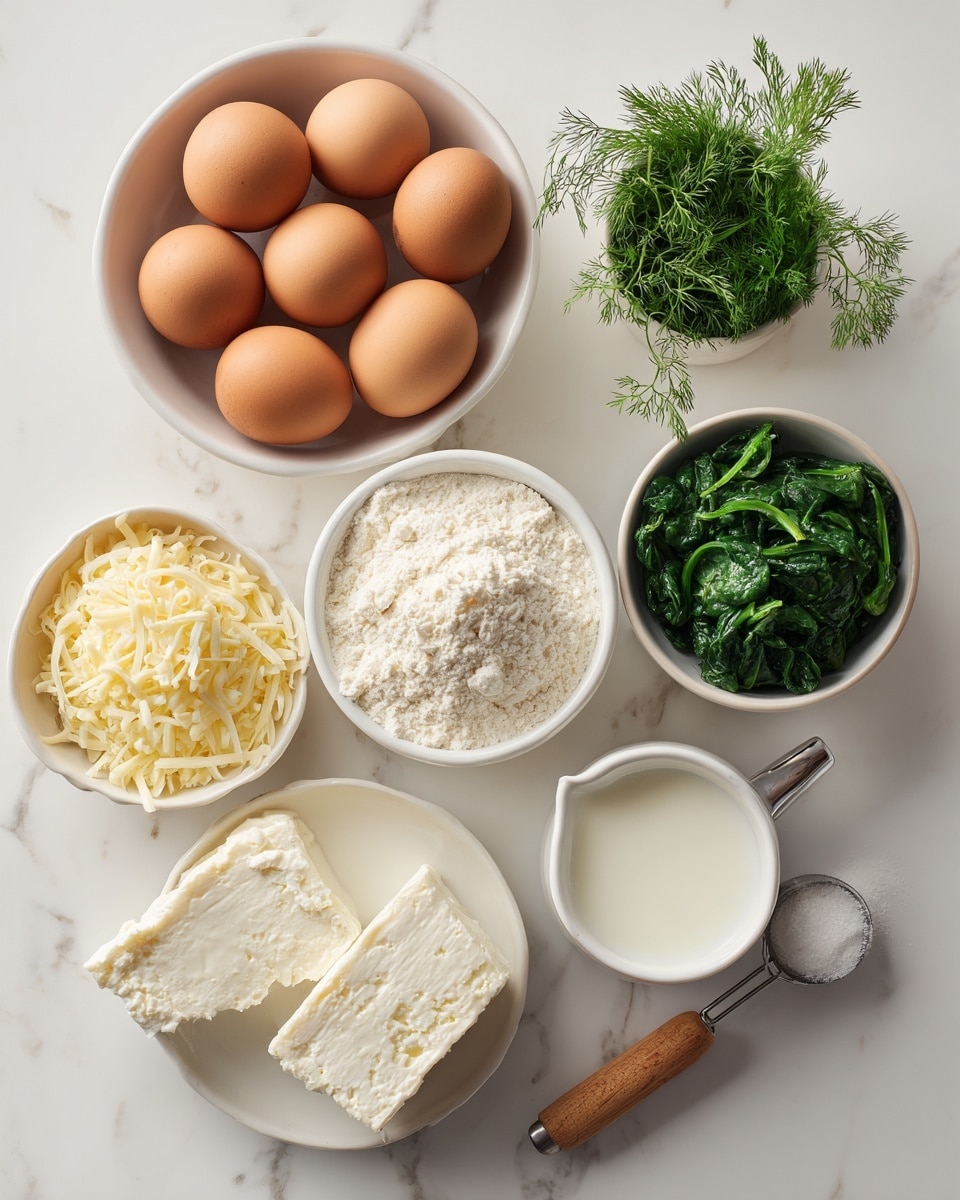 The image shows seven white bowls and a small measuring spoon arranged on a white marbled surface. The largest bowl on the top left holds seven brown eggs with smooth shells. To its right, a small bowl contains fresh green parsley and dill leaves. Below that is a medium white bowl filled with white flour, having a soft, powdery texture. Below the eggs, a small bowl is filled with shredded light yellow cheese. To the right is a white bowl with fresh, dark green chopped spinach leaves that look fresh and crisp. Below the cheese, there is a white ramekin holding two thick, round slices of crumbly white feta cheese. On the bottom right, there is a metal measuring cup with a brown handle filled with white milk. A small measuring spoon with a wooden handle holds white baking powder on the left side. All items are neat, clearly visible, and placed on a bright white marbled surface. photo taken with an iphone --ar 4:5 --v 7
