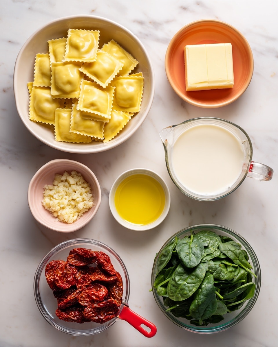 The image shows a collection of ingredients arranged on a white marbled surface. On the top left, a white bowl is filled with yellow cheese ravioli, each piece square with scalloped edges. To the right, a white bowl holds a pale yellow block of butter. Below the ravioli, an orange bowl contains minced garlic with a soft texture. In the center, a clear measuring cup is filled with smooth white heavy cream. To the right of it, a white bowl holds bright yellow olive oil. Below the cream, a pink bowl contains light yellow lemon juice. A metal measuring cup with a red handle holds deep red sun-dried tomatoes that have a wrinkled texture. To the lower left, a clear measuring cup is filled with light golden chicken broth. Finally, on the bottom right, a clear measuring cup is packed with fresh, bright green spinach leaves. All items are neatly spaced for clear visibility. photo taken with an iphone --ar 4:5 --v 7