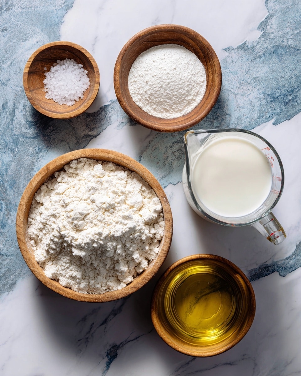 The image shows five ingredients arranged on a white marbled surface with a blue and gray patterned design underneath. At the bottom center, there is a large light wooden bowl filled with white flour, showing a slightly crumbly texture. Above and to the left of the flour, there's a small round wooden bowl containing white baking powder with a powdery texture. To the right of the baking powder, another small wooden bowl holds coarse white salt. Below the salt and baking powder bowls is a medium wooden bowl filled with clear golden oil, showing reflections from the light. To the right of the oil, a clear glass measuring jug is filled with white milk, featuring measurement markings on its side. Each ingredient is labeled with white rectangular tags in a simple black font. Photo taken with an iphone --ar 4:5 --v 7