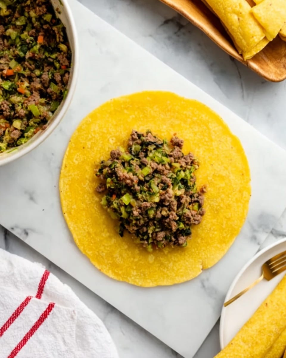 A round yellow corn tortilla lies flat on a white marbled surface, with a thick layer of green and brown cooked filling placed in the center, showing chopped vegetables and ground meat mixed together. To the top left, part of a white bowl filled with more of the same green and brown mixture is visible. On the right, a white cloth napkin rests on the surface, and below the tortilla, a white towel with red stripes is partially visible beside a gold spoon. In the bottom right corner, the edge of a white plate with rolled yellow tortillas is shown. Photo taken with an iphone --ar 4:5 --v 7