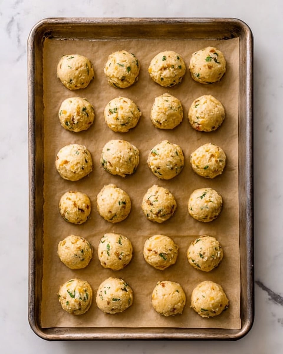 There is a metal baking tray lined with light brown parchment paper, holding 16 evenly spaced round dough balls arranged in a 4 by 4 grid. Each dough ball is pale yellow with small green herb and brown bits mixed in, showing a slightly rough texture. The tray rests on a white marbled surface, making the warm colors of the dough balls stand out. photo taken with an iphone --ar 4:5 --v 7