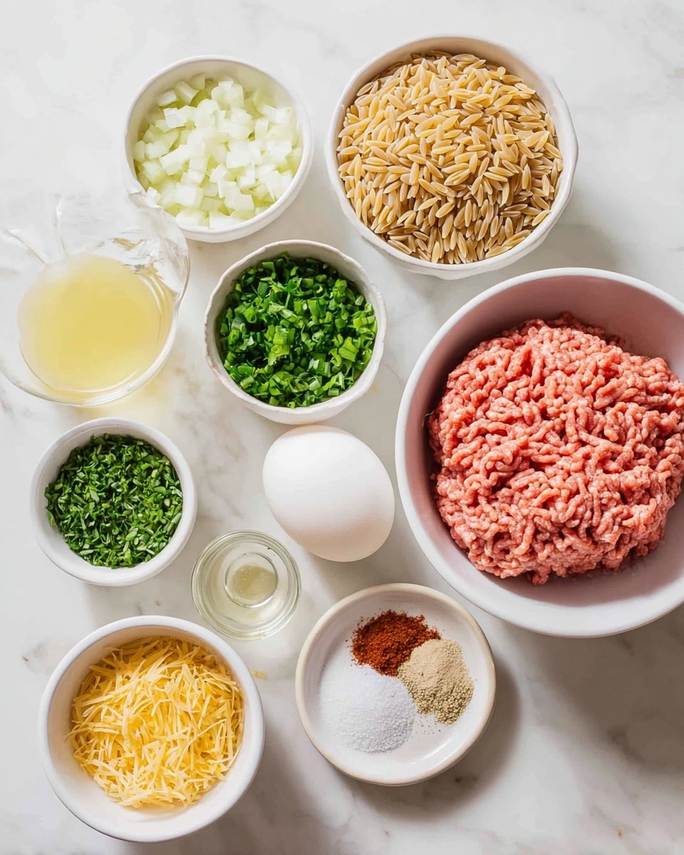 A white bowl filled with pink ground meat is placed on the right side on a white marbled surface. Next to it, there is a white bowl filled with light brown dry orzo pasta. Around these main bowls, smaller white bowls hold various ingredients: finely chopped white onions, green chopped herbs, chopped green onions, a whole white egg, a small glass bowl of clear oil, a small bowl with a white powdery substance, a small bowl containing a light yellow liquid, a small bowl with yellow shredded zest, and a white bowl with a mix of white powder and red spices. All the bowls and ingredients are arranged neatly over the white marbled surface in a balanced layout. photo taken with an iphone --ar 4:5 --v 7