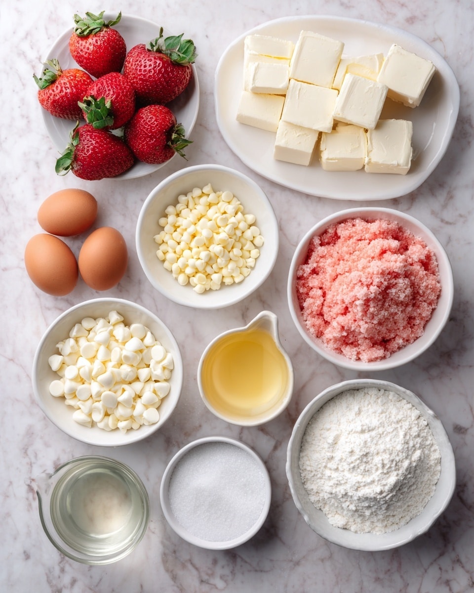The image shows a top view of various baking ingredients arranged neatly on a white marbled surface. There are nine white bowls and small containers holding different ingredients: large red strawberries with green leaves, three blocks of white cream cheese on a small plate, white chocolate chips, melted yellow butter in a clear small pitcher, powdered sugar, a pink crumbly mixture filling a large bowl, white powdered sugar-like ingredient, and fine white salt. Two whole brown eggs and a small glass bowl of clear liquid are placed directly on the surface. Each ingredient is well spaced, giving a clean and organized look. Photo taken with an iphone --ar 4:5 --v 7