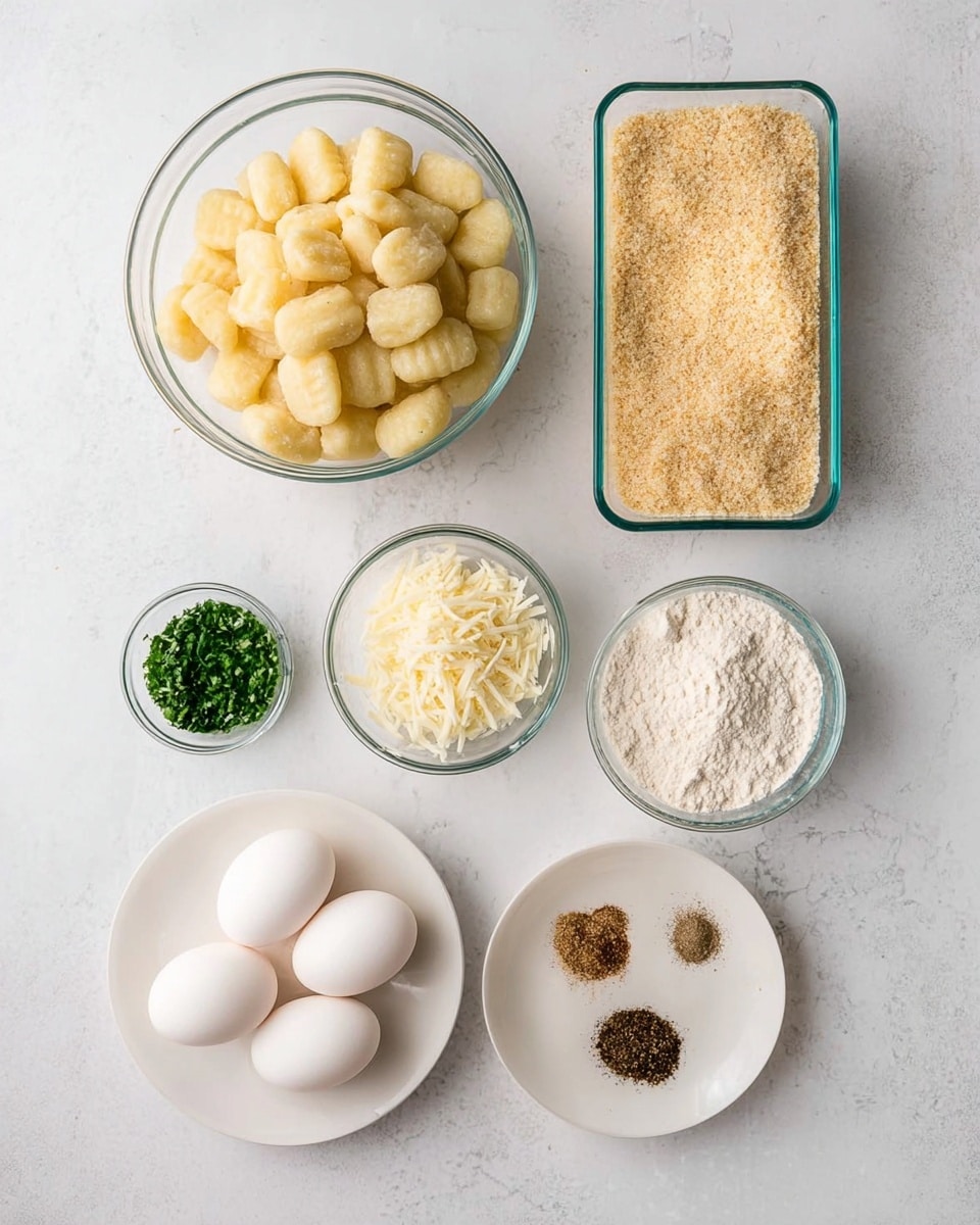 The image shows seven bowls and plates with different ingredients arranged on a white marbled surface. In the center, there is a transparent bowl filled with pale yellow gnocchi pieces. Above it, to the right, is a rectangular glass container with light golden breadcrumbs. To the left of the breadcrumbs, a white plate holds white flour. Below the breadcrumbs, there is a small glass bowl with finely grated white cheese. Below the gnocchi, three whole white eggs are placed on the surface. To the left of the eggs and gnocchi, a small white bowl contains chopped green herbs. Below that, another white plate has two small piles of dried spices, one brown and one black. The items are spread out clearly and neatly, all on the white marbled surface. photo taken with an iphone --ar 4:5 --v 7