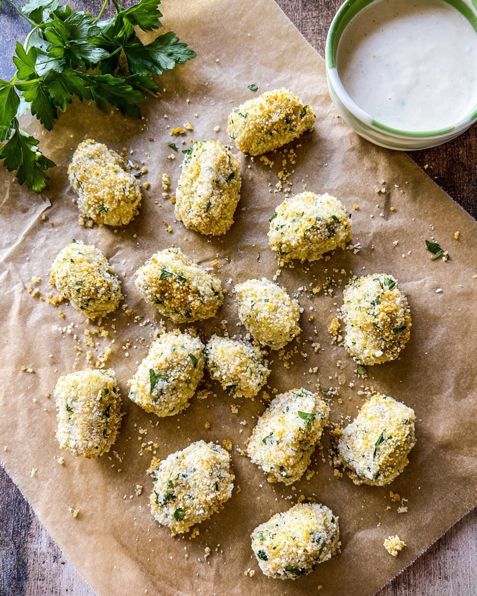 The image shows about twenty small, uneven pieces of food covered in a crumbly, pale yellow coating with green herb specks on a sheet of light brown parchment paper. The pieces look slightly rough and grainy. A few crumbs are scattered around them. In the corner, there are fresh green parsley leaves on a white marbled surface, next to a white bowl with a green rim, containing a creamy white sauce. The scene has soft natural lighting. Photo taken with an iphone --ar 4:5 --v 7