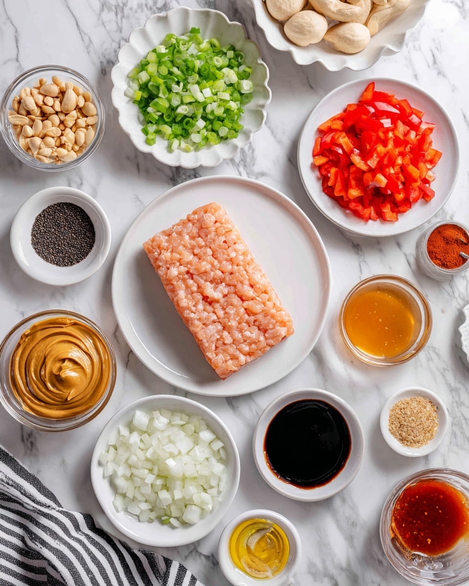 The image shows many small white bowls and plates arranged on a white marbled surface, each holding a different ingredient. In the center is a white plate with pale pink ground chicken shaped in a neat rectangle with soft ridges. To the upper right, a white plate holds finely chopped green and red bell peppers side by side. Below that, another white bowl is filled with chopped white onion. Above the chicken is a white scalloped bowl filled with roughly chopped light brown peanuts. Moving to the left, a small white plate holds smooth, creamy peanut butter with a swirl on top. Near it, a dark small bowl contains minced garlic, appearing finely chopped and pale yellow. Other small white bowls contain dark soy sauce, amber honey, reddish-orange sweet chili sauce, and dark brown hoisin sauce. There are also tiny bowls with ground black pepper, dry garlic powder, and ginger. A larger white bowl contains round, pale water chestnuts. A woman's hand with a black and white striped cloth is seen at the edge near the onion bowl. The overall setup is clean, organized, and bright, showing all ingredients clearly. photo taken with an iphone --ar 4:5 --v 7