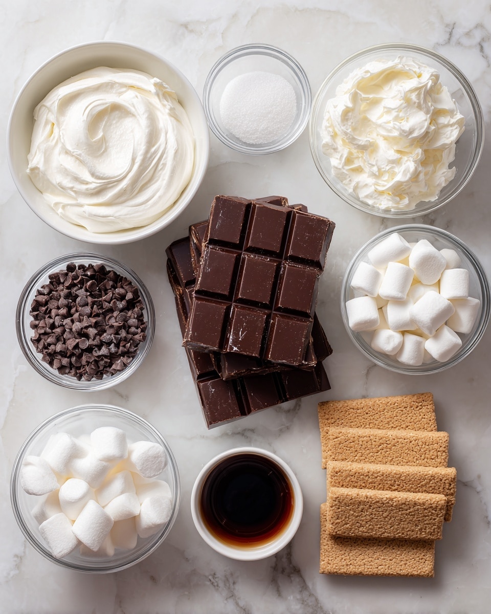The image shows various ingredients neatly arranged on a white marbled surface, labeled clearly with white text. From left to right on the top row, there is a white bowl filled with smooth, white cream cheese, a small transparent bowl holding white sugar, and another small transparent bowl containing heavy whipping cream. Below these, in the center, are stacked dark brown chocolate bars with a rich texture and visible squares. To the right of the bars is a small white bowl filled with dark brown vanilla extract. Below, on the left, a clear glass bowl holds two types of chocolate chips: dark brown and creamy white. Next to it is another small clear bowl filled with white marshmallows. On the bottom right, a neat pile of rectangular, light tan graham cracker crumbs lies on the surface. The photo is taken with an iphone --ar 4:5 --v 7