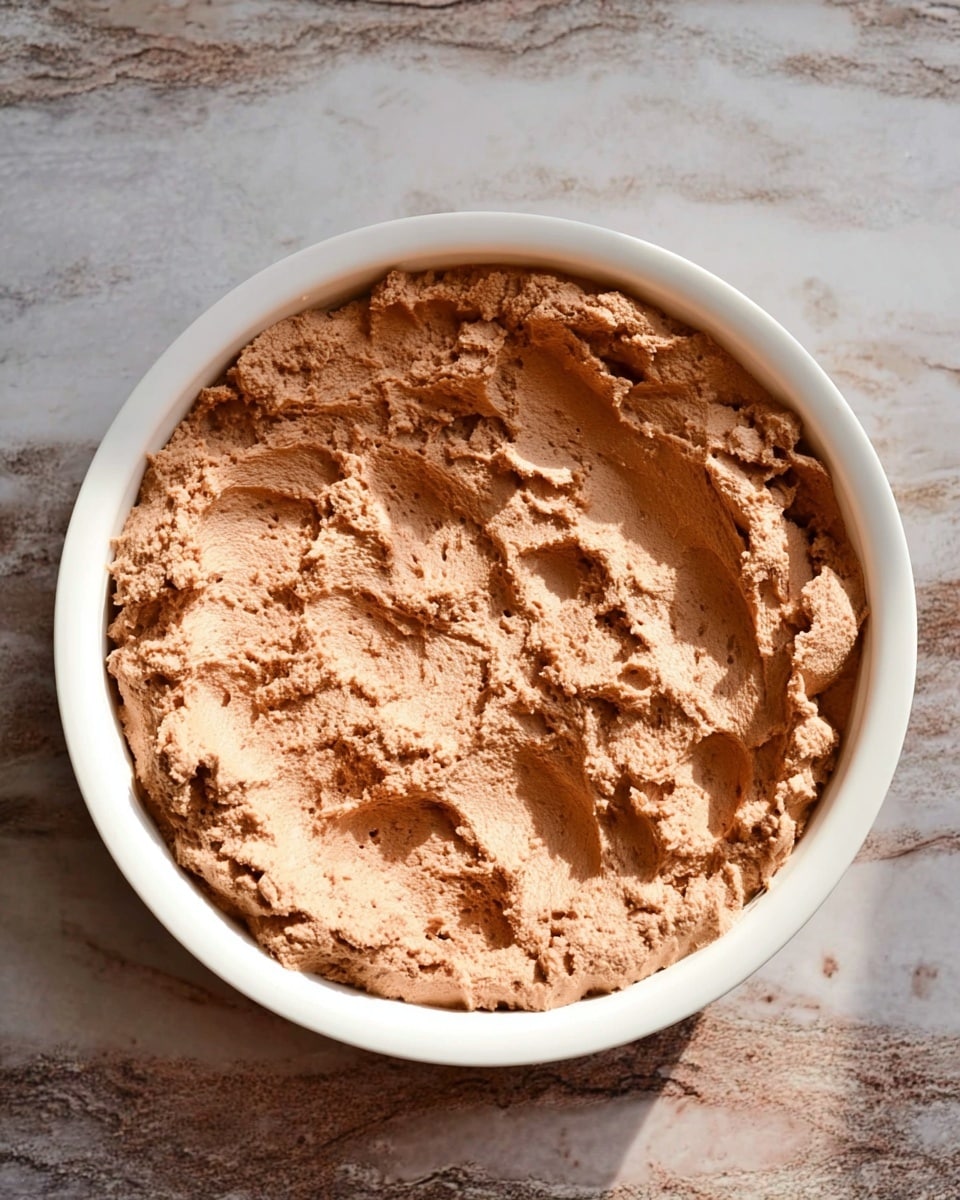 A white round dish filled with one thick layer of light brown mousse that has a fluffy and whipped texture with some uneven peaks and valleys on top, placed on a surface with a white marbled texture photo taken with an iphone --ar 4:5 --v 7