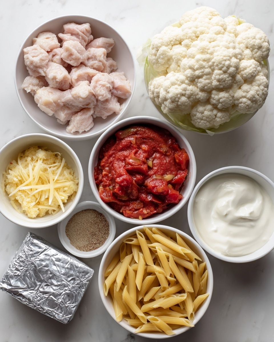 The image shows several white bowls placed on a white marbled surface, each containing different raw ingredients. One bowl holds small pink pieces of raw chicken, another has a whole cauliflower which is off-white with a rough texture. There is a bowl filled with red tomato puree that looks smooth and thick, another bowl contains red chopped tomatoes with visible seeds and chunks, and a bowl with yellowish minced garlic and ginger mixture. A white bowl holds dry, uncooked yellow penne pasta. A small white bowl contains white and brown spices in separate piles, and another bowl has white creamy yogurt with a smooth texture. Lastly, there is a small silver stock cube wrapped in foil placed near the center. photo taken with an iphone --ar 4:5 --v 7