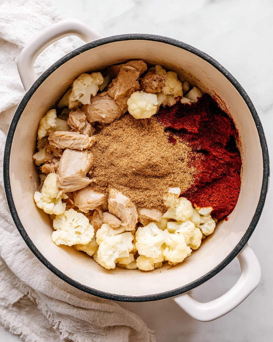 A white pot filled with a mix of ingredients shows three main layers from top view. The first layer consists of light beige pieces of chicken and pale cauliflower florets, spread evenly across the bottom and edges of the pot. The second layer, resting on top of the chicken and cauliflower, is a thick, dark reddish paste located on the right side of the pot. The third layer contains a pile of fine, brown spices sprinkled mostly in the center, partially covering the chicken and cauliflower and next to the red paste. The pot is placed on a white marbled surface with a soft white cloth nearby. photo taken with an iphone --ar 4:5 --v 7