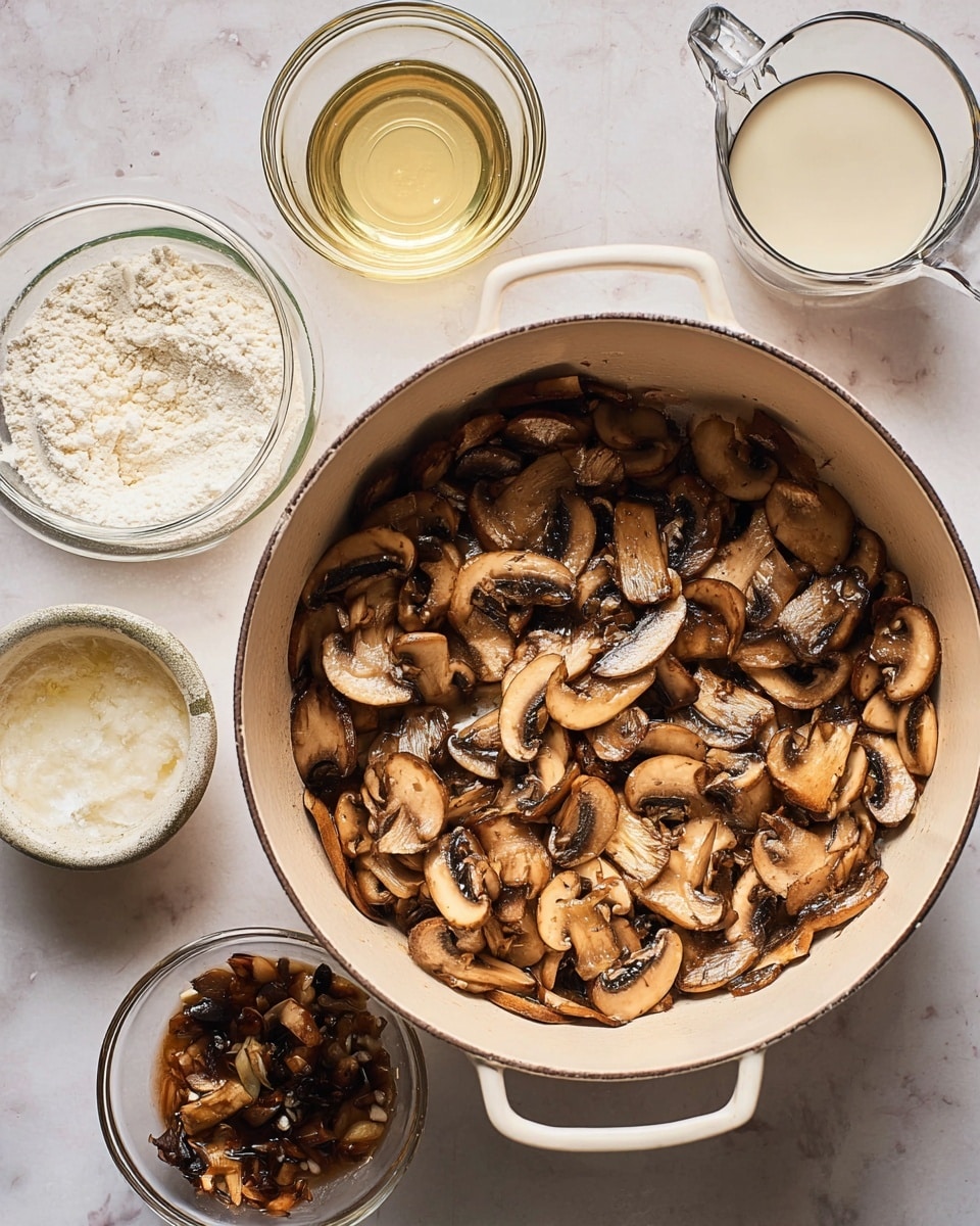 A large white pot filled with cooked sliced mushrooms showing a mix of light to dark brown colors and a soft, sautéed texture; around the pot, four small clear glass bowls and a glass hold different ingredients including white flour, a creamy white liquid, a clear pale liquid, and small pieces of soaked mushrooms in dark liquid, all placed on a white marbled surface photo taken with an iphone --ar 4:5 --v 7