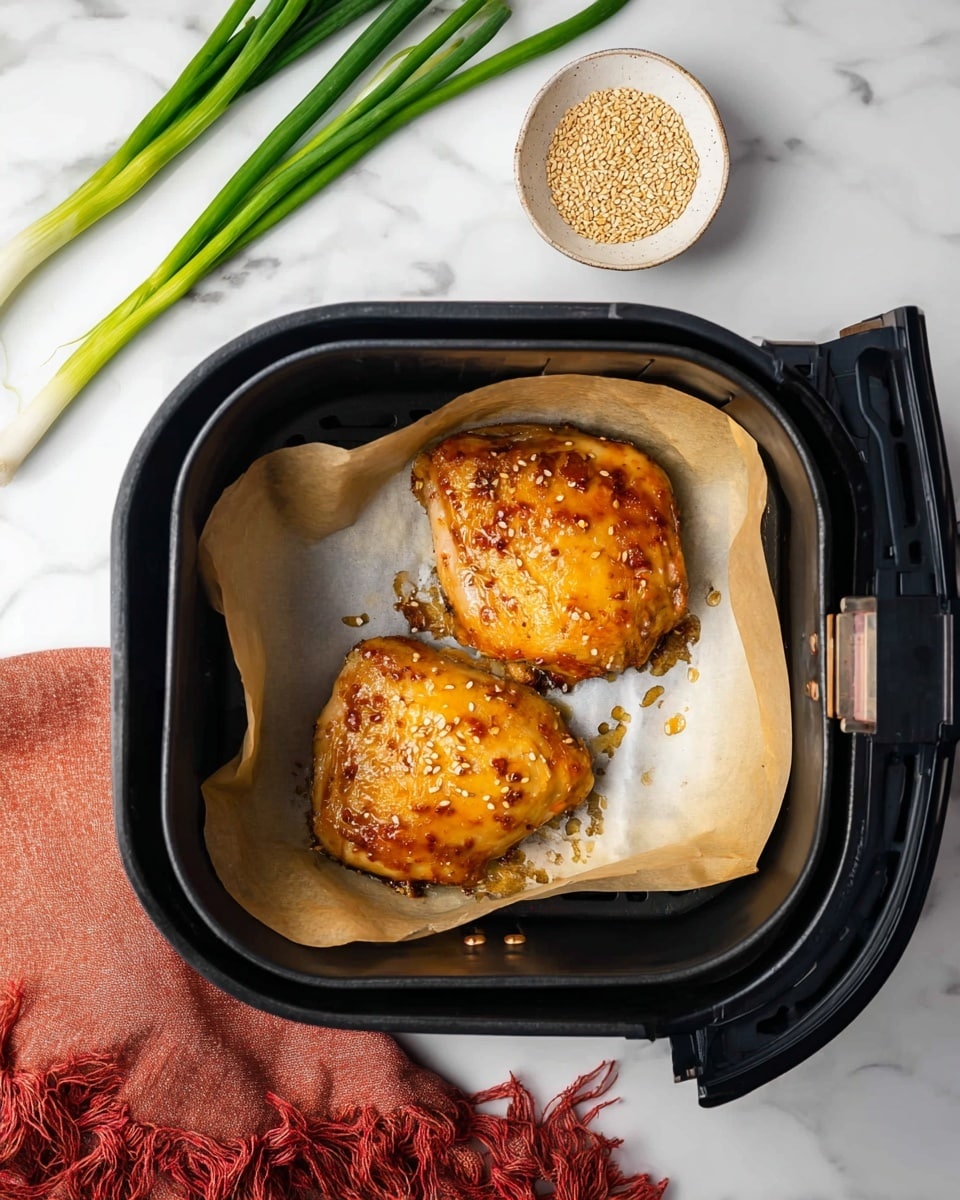 Two golden brown cooked chicken pieces sit inside a black air fryer basket lined with a square piece of parchment paper. The chicken has a shiny, slightly glazed surface with small bits of seasoning visible. To the upper right of the air fryer, a small white bowl filled with sesame seeds is placed on a white marbled surface. On the upper left, several fresh green onion stalks lie flat, and a reddish-orange cloth with fringed edges is partially visible on the bottom right corner of the image. The photo taken with an iphone --ar 4:5 --v 7