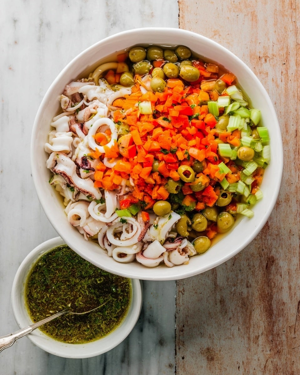 A white bowl filled with layers of seafood and vegetables is shown on a white marbled surface. The base layer contains white calamari rings, small squid, and some mussels. On top of the seafood, there is a layer of whole green olives scattered unevenly. The top layer is a colorful mix of finely chopped orange carrots, red bell peppers, and light green celery, covering most of the olives and seafood. Below the bowl, there is a smaller white bowl filled with a green sauce made of herbs, oil, and pepper, with a spoon inside. Photo taken with an iphone --ar 4:5 --v 7