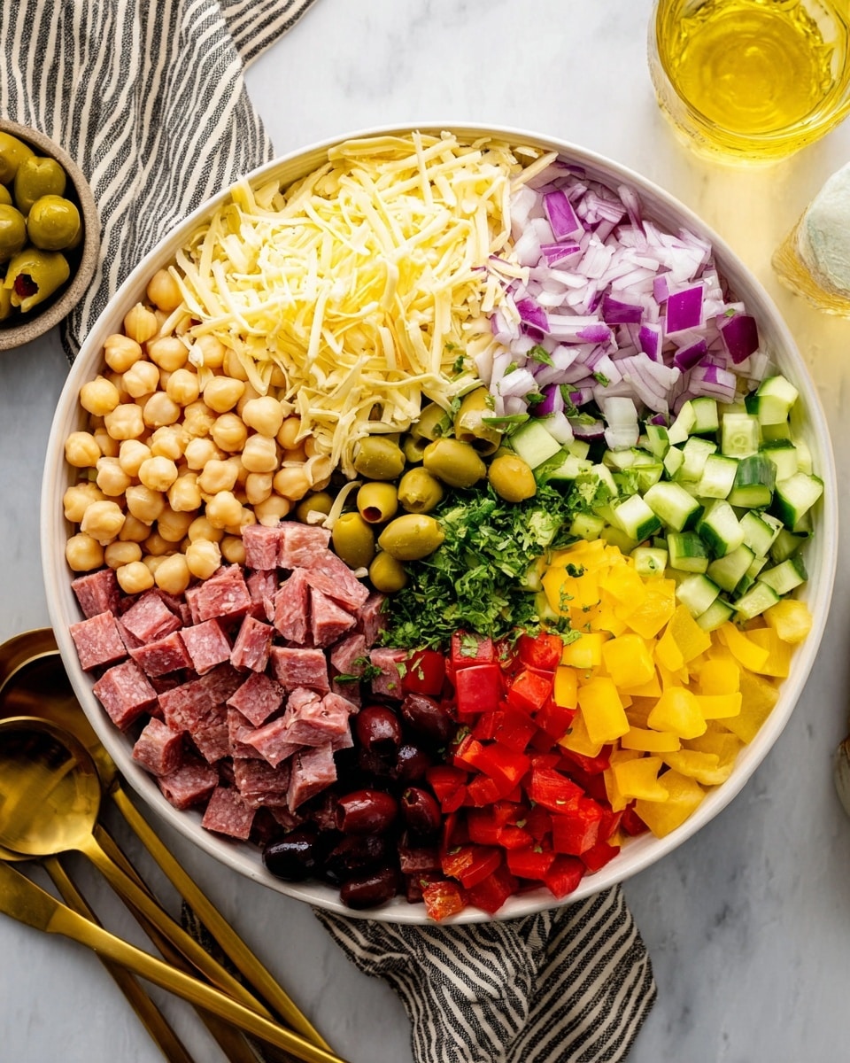 A large white bowl on a white marbled surface is filled with a colorful layered salad arranged in separate sections. Starting from the top and moving clockwise, there is a layer of pale yellow shredded cheese, light beige chickpeas, bright yellow sliced peppers, a pile of chopped green herbs, cubed light yellow cheese, small pieces of purple onion, diced green cucumber, cubed reddish-pink salami, chopped green olives, dark brown sliced olives, and bright red chopped bell peppers. The layers are distinct and colorful, showing different textures from soft to crunchy. Next to the bowl are gold-colored serving spoons resting on a striped cloth and a glass with a yellow drink in the background. Photo taken with an iphone --ar 4:5 --v 7