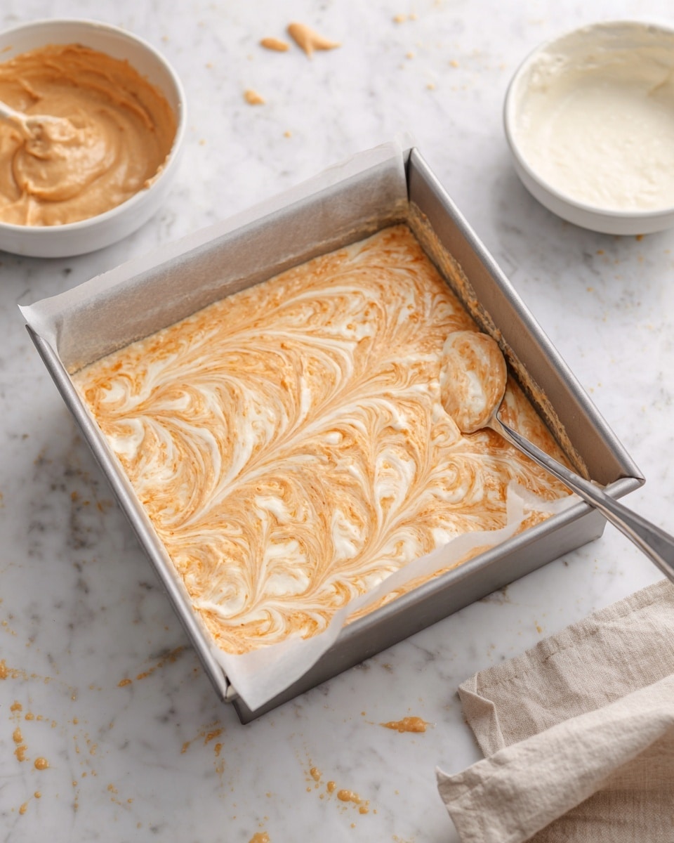 The image shows a square metal baking pan lined with parchment paper filled with a two-layer batter. The bottom layer is light beige and smooth, while the top layer is light orange with visible textured swirls, mixed gently with the bottom layer creating a marbled effect. A silver spoon rests in the pan on the right side, lightly swirling the mixture. In the background, two white bowls sit on a white marbled surface, one with a beige paste and the other with a creamy white sauce. There are small splashes of batter on the white marbled surface near the pan, along with part of a pale beige cloth on the bottom right corner. photo taken with an iphone --ar 4:5 --v 7