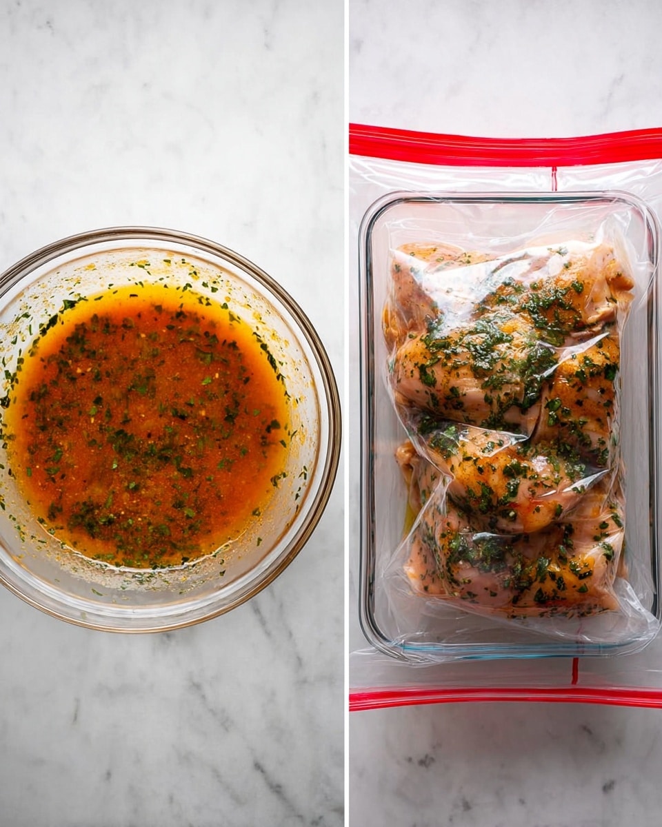 The image shows two stages of marinating chicken. On the left side, a clear glass bowl contains a single layer of orange marinade with green herbs evenly mixed in, showing a oily texture on a white marbled surface. On the right side, a transparent resealable plastic bag with a red zipper is placed inside a clear rectangular glass container; inside the bag, there are several pieces of raw chicken coated in the same orange herb marinade, arranged in layers with herbs spread on top, all resting on a white marbled surface. photo taken with an iphone --ar 4:5 --v 7