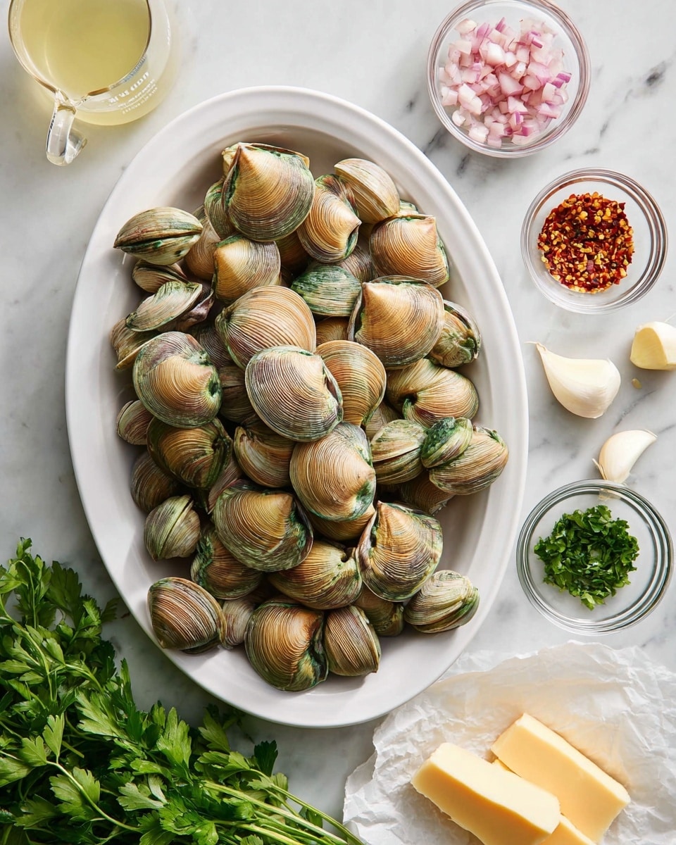 An oval white plate filled with many clams in their shells showing light brown and greenish colors with fine ridges, placed centrally on a white marbled surface. Around the plate, on the right side, there are small clear glass bowls: one with finely chopped pink shallots, one with small green chopped herbs, and a smaller bowl with red chili flakes. Below the plate is a bunch of fresh green parsley. Above and right of the plate, there are three peeled garlic cloves and a measuring cup with pale liquid. In the bottom right corner, there is a few slices of pale yellow butter on white parchment paper. Photo taken with an iphone --ar 4:5 --v 7