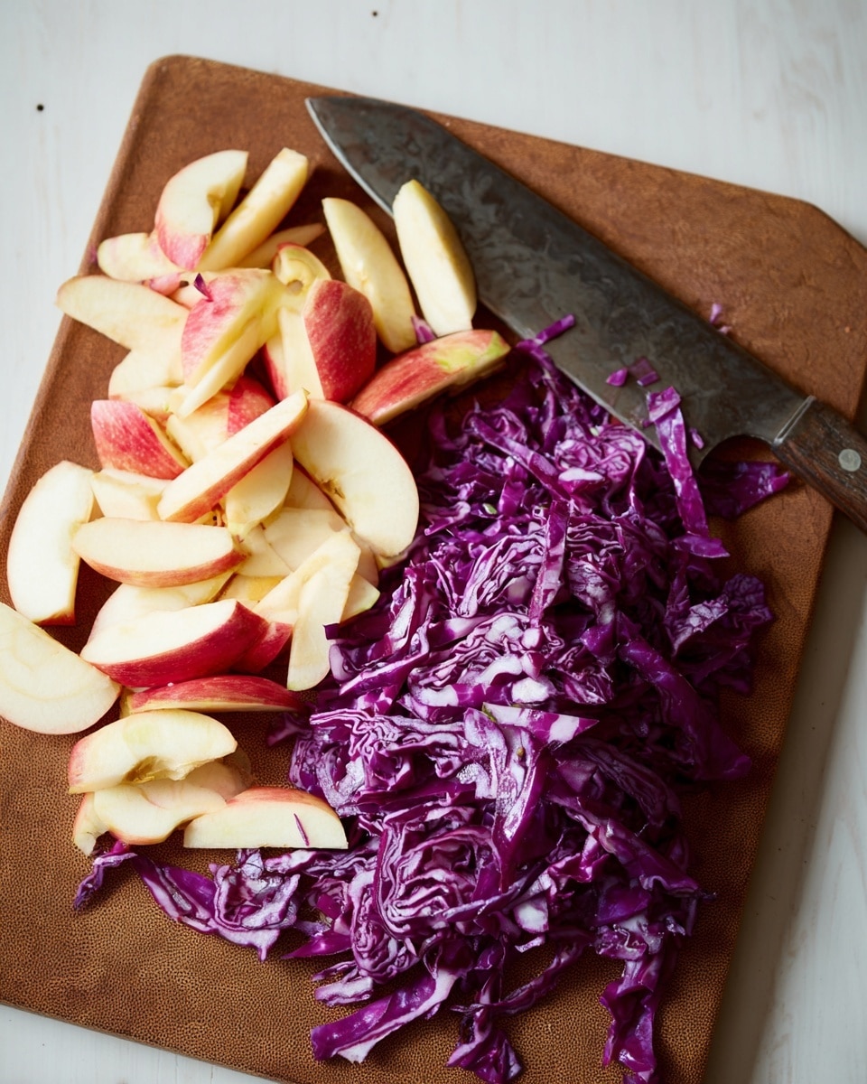 A brown cutting board with two piles of chopped ingredients on top, placed on a white marbled surface. On the left side, there are many thin slices of red apple with light yellow flesh and red edges, arranged in a scattered way. On the right side, there is a pile of finely shredded purple cabbage showing a bright purple color with white streaks and a rough, leafy texture. A knife with a dark blade and a brown handle rests diagonally across the top right corner of the cutting board, partly touching the purple cabbage. Photo taken with an iphone --ar 4:5 --v 7
