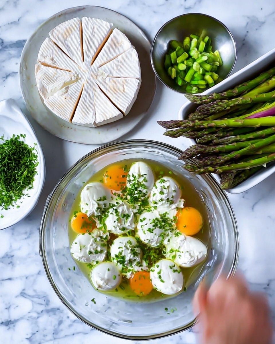 A clear glass bowl in the center holds six raw egg yolks with white dollops of cream and a pile of chopped green herbs on top. To the left, a round white cheese wheel is placed on a dark plate, and next to it is a small metal bowl filled with chopped green asparagus pieces. To the right, long green asparagus stalks with purple tips rest in a white rectangular dish with a blue rim. All items sit on a light tan cloth over a white marbled surface, with a delicate white plate with a floral edge partly visible in the top right corner. Photo taken with an iphone --ar 4:5 --v 7