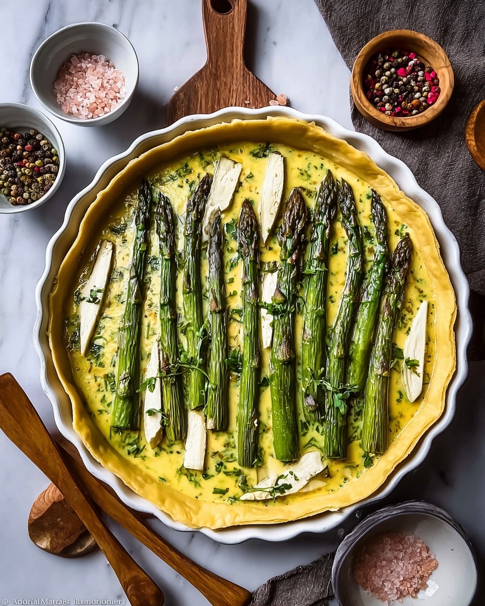 This image shows a round quiche in a white ceramic baking dish with a thick, brown crust. The quiche has a yellow egg filling with green asparagus stalks arranged vertically on top in two rows. There are also light cream-colored pieces of cheese scattered throughout the filling. One slice is lifted out and placed on a white plate, showing the crust as dark brown and the filling as creamy yellow with asparagus pieces sticking out. The plate is on a white marbled surface with a silver fork and a green asparagus next to it. In the background, there are fresh green asparagus stalks, a small white bowl with butter, and a small round container with multicolored peppercorns. The photo is taken with an iphone --ar 4:5 --v 7