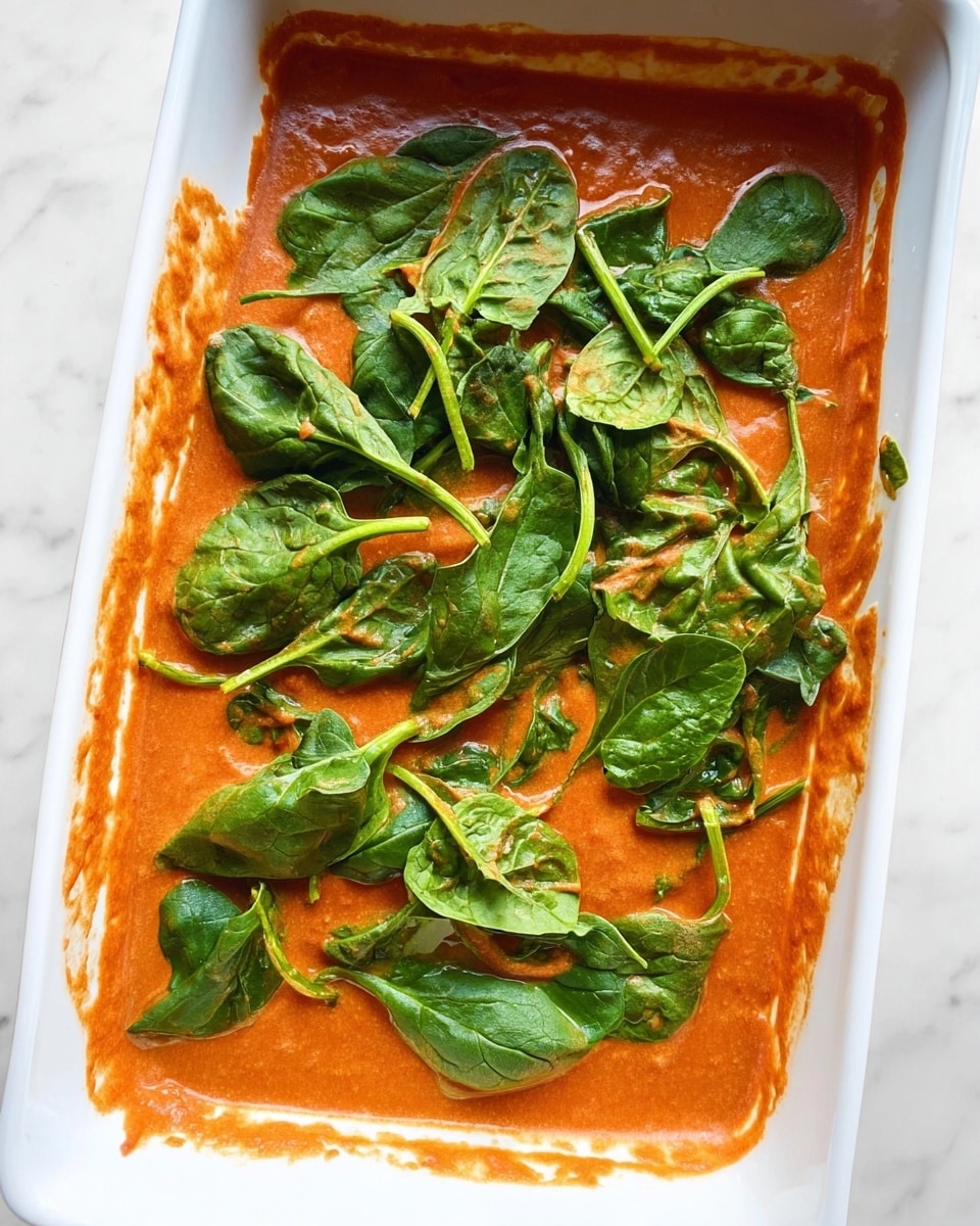 The image shows a white rectangular dish filled with fresh green spinach leaves placed on top of a thick orange-red sauce. The sauce has a smooth texture and evenly spreads across the base of the dish, with some sauce staining the sides of the container. The spinach leaves are scattered across the surface with their stems visible, giving a fresh and vibrant contrast against the warm color of the sauce. The dish sits on a white marbled surface. photo taken with an iphone --ar 4:5 --v 7