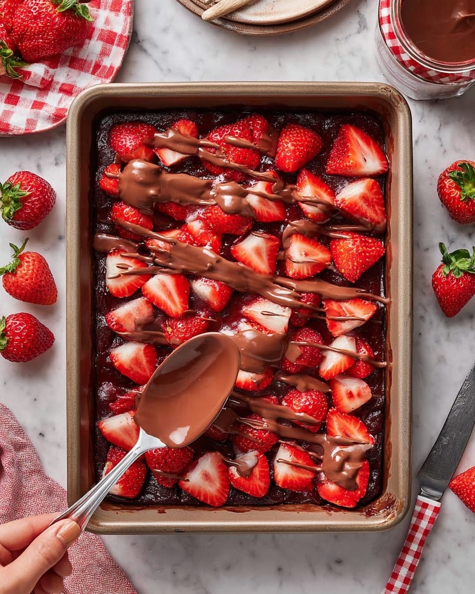 The image shows a rectangular baking pan filled with two main layers: a bottom layer of dark red strawberry jam and a top layer of fresh, halved strawberries arranged in close rows, their bright red and white interiors visible. Over the strawberries, smooth, light brown melted chocolate is being drizzled unevenly, with a woman's hand holding a spoon covered in the chocolate near the bottom left corner of the pan. Around the pan, there are fresh strawberry halves on a white marbled surface, a jar of strawberry jam with a red and white checked lid, a plate with a knife, and some scattered strawberry leaves. Photo taken with an iphone --ar 4:5 --v 7