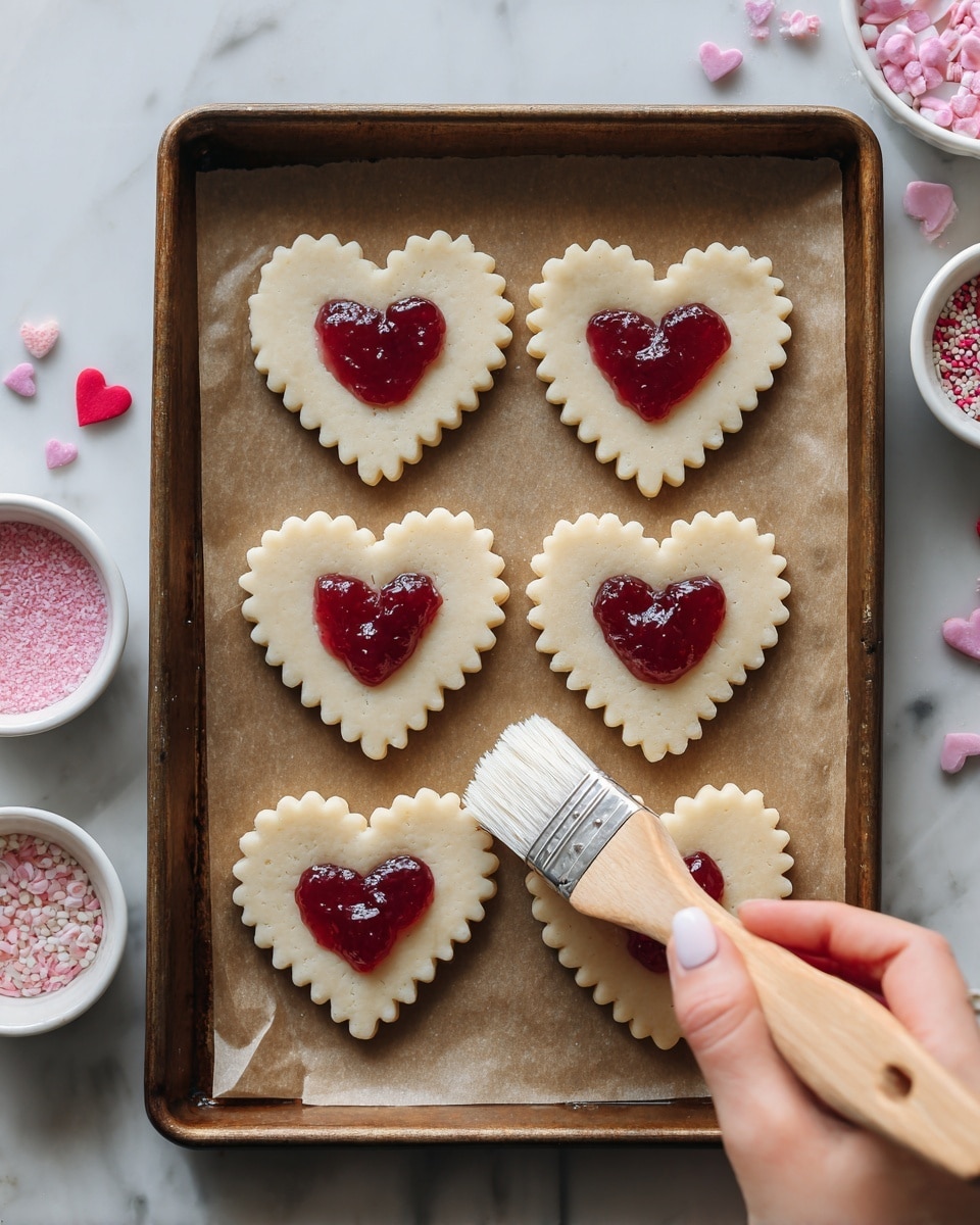 A close-up top view of six heart-shaped cookie dough pieces arranged on a brown parchment-lined baking tray. Each dough heart is pale cream color with scalloped edges and has a central layer of red jam spread lightly on top. A woman's hand holds a wooden brush with white bristles, gently spreading jam on one of the dough hearts at the bottom center. Surrounding the tray on a white marbled surface are small white bowls filled with various pink and red sprinkles and heart-shaped decorations. Next to the tray is a set of white and red heart-shaped cookie cutters stacked together. Photo taken with an iphone --ar 4:5 --v 7