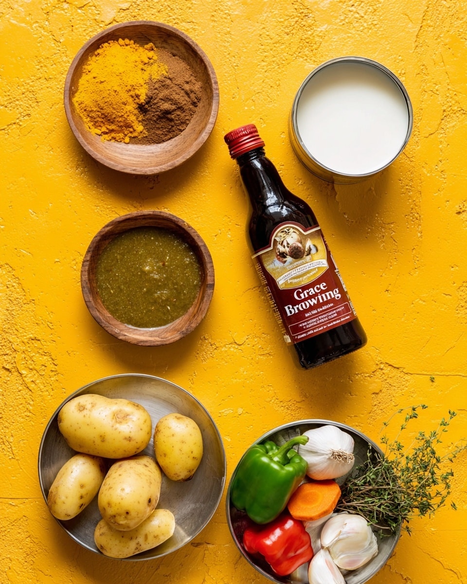 The image shows six containers arranged on a bright yellow textured surface. At the top left, there is a small round wooden bowl with two spices: a pile of bright yellow turmeric powder and a smaller pile of brown spice. Below it is another small round wooden bowl containing a greenish sauce with a slightly chunky texture. To the right of the spice bowl is a dark brown bottle labeled