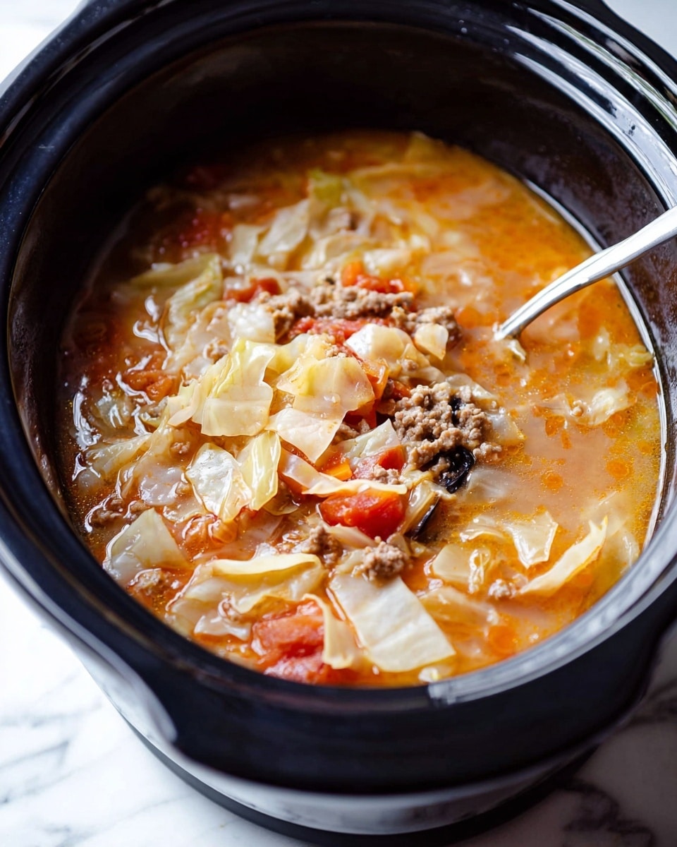 A close-up view of a black slow cooker filled with a soup that has a few layers: the broth is light orange with a thin, smooth texture, floating on top are uneven pieces of soft, pale yellow cabbage, small dark brown bits of ground meat scattered throughout, and small visible pieces of red tomato mixed in. A silver spoon rests inside the slow cooker, partially submerged in the broth. The slow cooker sits on a white marbled surface. Photo taken with an iphone --ar 4:5 --v 7