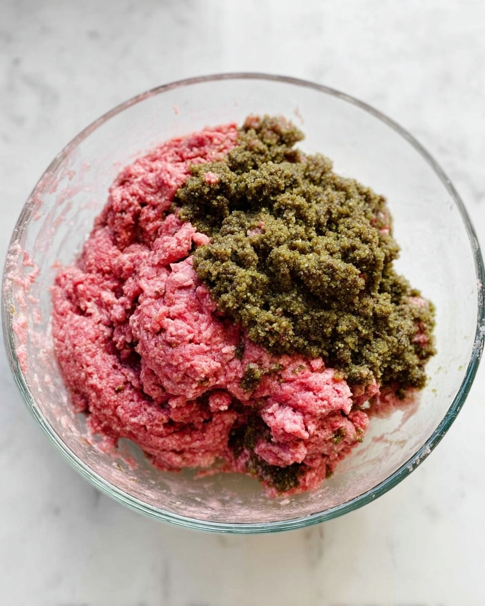In a clear glass bowl placed on a white marbled surface, there are two main layers of ingredients. The bottom layer is light pink minced meat with a soft, slightly grainy texture. On top of this, there is a layer of dark green chopped herbs and seasoning, coarse and uneven, spread in a pile mainly near the center. The bowl's transparency shows the mix clearly from all sides. Photo taken with an iphone --ar 4:5 --v 7