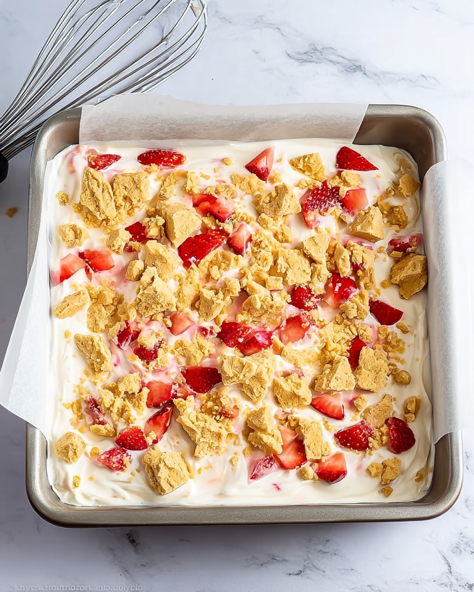 The image shows a square white baking pan lined with parchment paper holding a dessert with three visible layers. The bottom layer is creamy and smooth with a white color, covering the base of the pan evenly. On top of this creamy layer, there are broken pieces of light yellow cookies scattered all over, creating a rough and crumbly texture. Mixed in with the cookie pieces, there are small bright red chunks of fresh strawberries, adding pops of color and a juicy look. The dessert sits on a white marbled surface with a metal whisk next to it. photo taken with an iphone --ar 4:5 --v 7