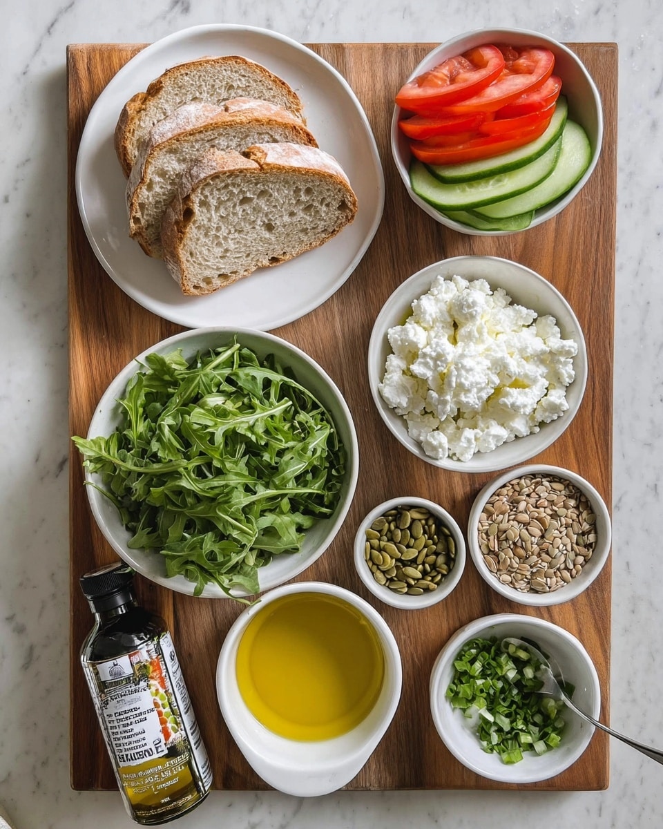 The image shows a wooden board on a white marbled surface with several white bowls holding different food items. On the top left, there is a white plate with three slices of light brown bread with airy texture. To the right, a white bowl holds alternating slices of red tomatoes and green cucumbers arranged vertically. Below it, another white bowl contains white cottage cheese with a spoon inside. On the left middle, a white bowl holds fresh, green arugula leaves. Below it, a small white bowl contains green pumpkin seeds, and next to it, a similar bowl has a beige mix of seeds. To the right, a small bowl holds chopped green herbs and scallions with a white creamy base. At the bottom right, there is a white cup filled with yellow olive oil. At the bottom left corner, a bottle of balsamic glaze lays on the board. photo taken with an iphone --ar 4:5 --v 7