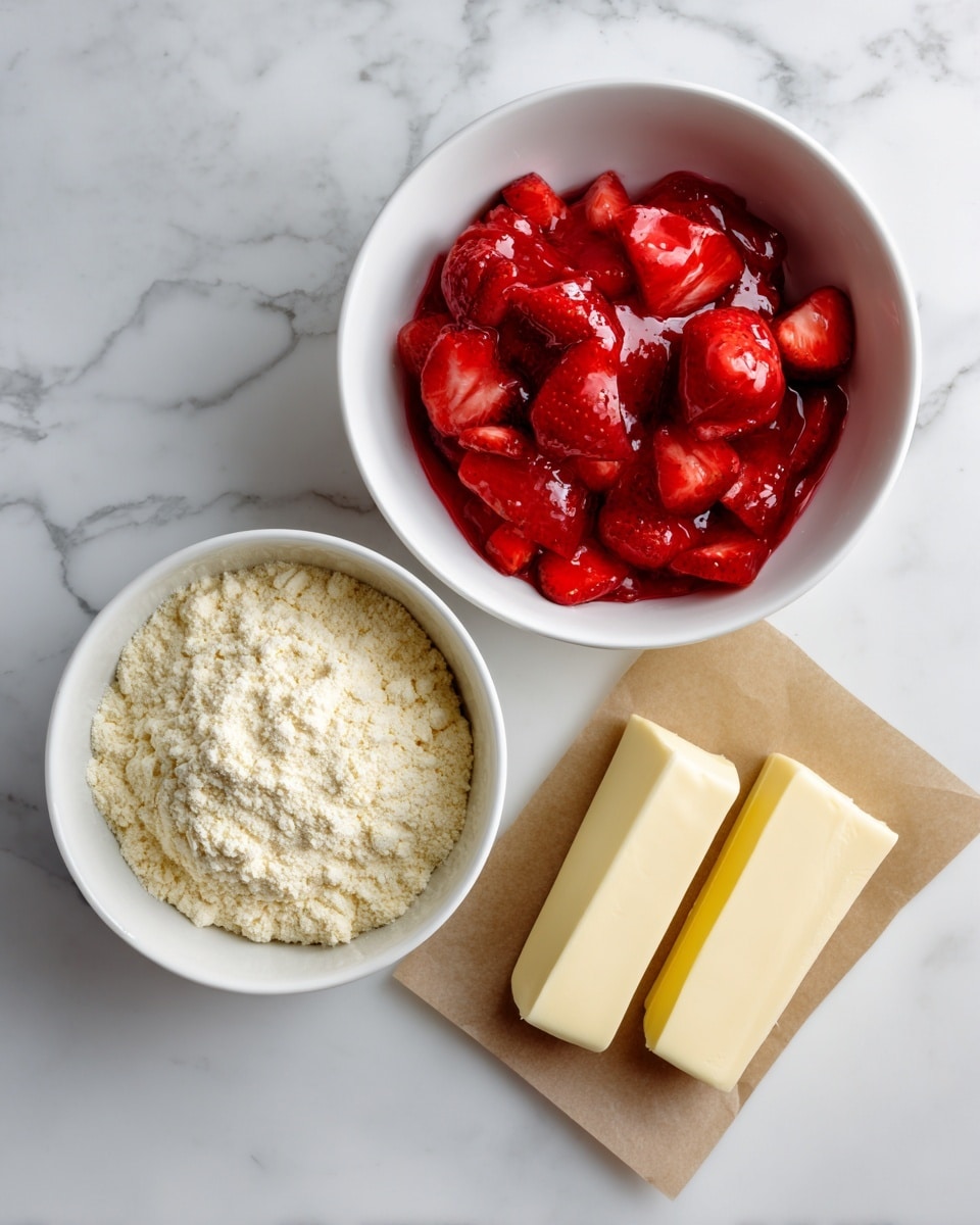 The image shows three ingredients placed on a white marbled surface. On the top left, there is a white bowl filled with bright red strawberry pie filling, with visible chunks of strawberries and a glossy texture. Below it, another white bowl holds a light beige cake mix with a powdery, slightly clumpy texture. To the right, two sticks of pale yellow unsalted butter rest on a piece of brown parchment paper, one stick longer and the other shorter, both smooth and firm. photo taken with an iphone --ar 4:5 --v 7
