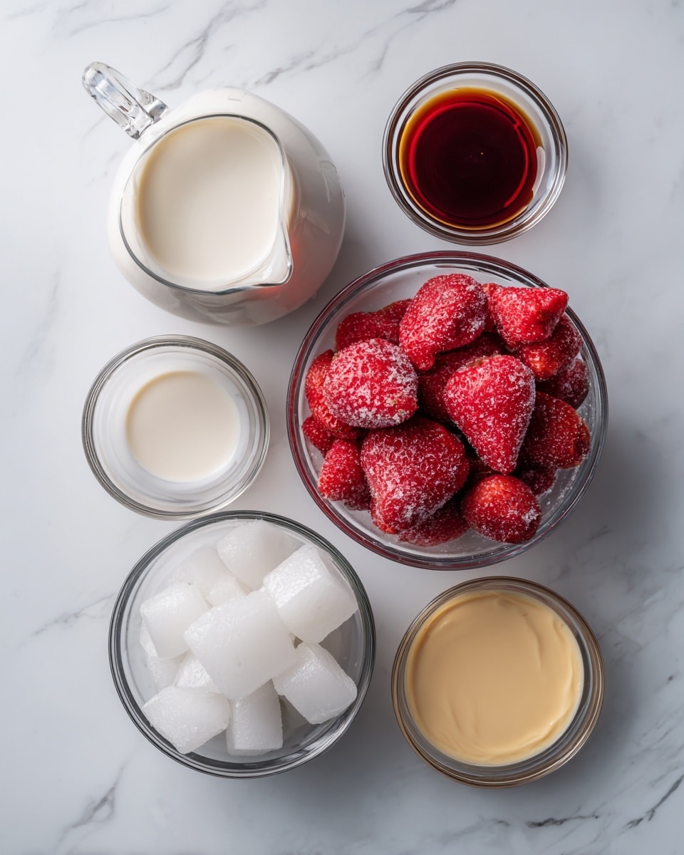 The image shows five clear glass containers with ingredients placed on a white marbled surface. In the center is a round bowl filled with bright red frozen strawberries covered in a light frost layer. Above it to the left is a small pitcher filled with white milk, smooth and creamy in texture. Below the strawberries is a smaller clear bowl holding white ice cubes with a translucent look. To the right of the ice is a bowl with light yellow sweetened condensed milk, smooth and thick. Above that and slightly right of the strawberries is a small bowl containing dark brown vanilla extract with a shiny surface. The ingredients are arranged neatly with clear separation between each container. Photo taken with an iphone --ar 4:5 --v 7