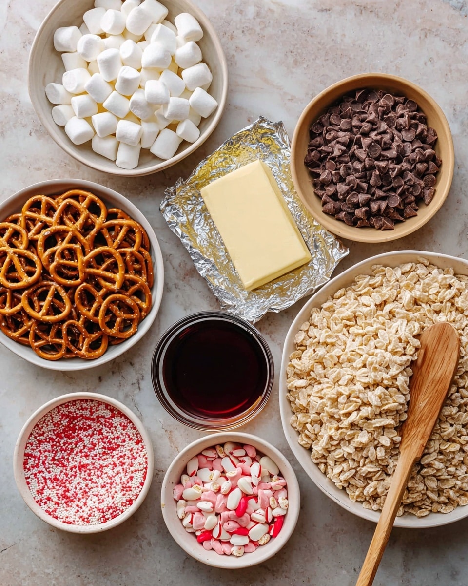 The image shows six round bowls arranged on a white marbled surface, each holding different ingredients. Starting from the top left, there is a white bowl filled with small white marshmallows, next to it on the right is a bowl with dark brown chocolate chips, and further right is a bowl containing broken pretzel pieces in a light brown bowl. Below these, in the center is a stick of light yellow butter partially unwrapped in foil. On the bottom left, there is a white bowl full of whole pretzels, and just to the right is a small white bowl with pink, white, and red sprinkles including some heart shapes. Finally, on the bottom right, a large white bowl holds a heap of light beige puffed rice cereal with a wooden spoon resting on top. In the middle of the layout, a small clear bowl contains dark brown liquid, likely vanilla extract. All ingredients are well lit, showing their detailed textures clearly photo taken with an iphone --ar 4:5 --v 7