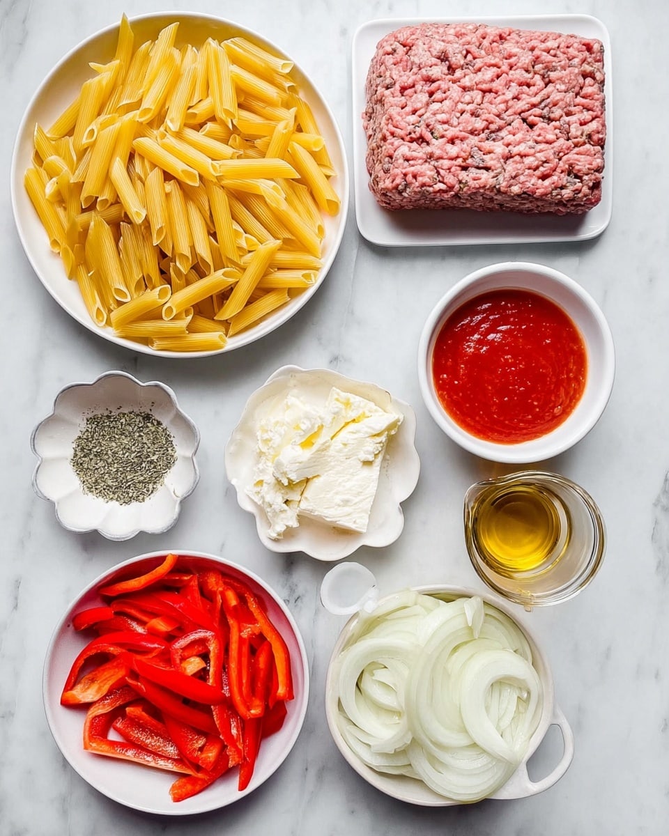 A top-down view of several white bowls and plates arranged on a white marbled surface, each holding different ingredients: in the center is a white plate filled with uncooked yellow penne pasta, above it to the left is a white bowl with raw ground meat shaped into a rectangular block, next to it on the right is a small white bowl with white creamy cheese, beside that a small round container with bright red tomato sauce; below the meat is a small white bowl with minced garlic, near the bottom left is a white bowl filled with sliced red bell peppers, next to it on the right is a white bowl filled with thinly sliced white onions, to the lower right corner is a small glass container holding light brown broth or stock, and finally, a small white scalloped dish contains mixed dried herbs and salt, and beside it a small glass container with golden olive oil photo taken with an iphone --ar 4:5 --v 7