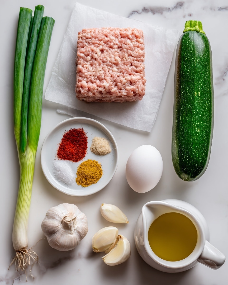 The image shows fresh ingredients arranged neatly on a white marbled surface for making zucchini fritters with chicken. On the left side, there are three long green onions lying flat, next to a square piece of raw ground chicken with a pinkish color placed on white parchment paper. Towards the top right is a whole green zucchini, long and smooth. Just below the zucchini, there is a single white egg. A small round white plate near the egg holds four colorful powder spices – bright red paprika, pale yellow onion powder, white salt, and coarse black pepper. Below the spices are two peeled garlic cloves, and to the bottom right, a small white jug filled with golden olive oil. The scene is clean and bright, arranged to clearly show each ingredient. Photo taken with an iphone --ar 4:5 --v 7