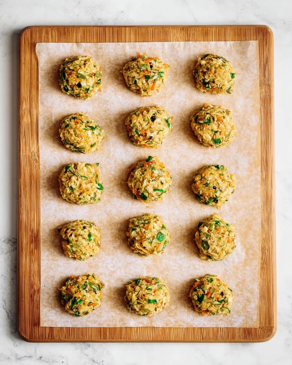 A wooden board holds a single sheet of parchment paper with fifteen small, round, uneven patties arranged in three rows. Each patty has a mix of light brown and green colors, showing bits of shredded vegetables and a textured surface. The patties look moist and chunky, with visible flecks of darker seeds or spices scattered throughout. The wooden board sits on a white marbled surface. photo taken with an iphone --ar 4:5 --v 7