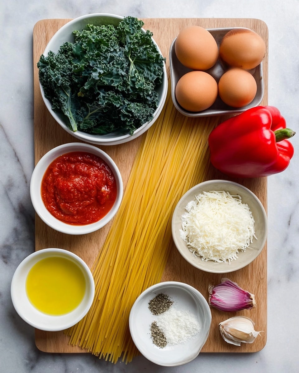 The image shows a wooden cutting board placed on a white marbled surface. On the board are several ingredients: a bunch of green leafy kale in a white bowl at the top left, a whole red bell pepper positioned at the top right, and a white bowl with four brown eggs below the bell pepper. Long yellow uncooked spaghetti pasta lies diagonally across the middle of the board. To the left of the pasta is a small white bowl of yellow olive oil, and below that is a white bowl filled with red tomato sauce. A white bowl containing finely grated white cheese is placed above the pasta. Near the bottom right are small dishes: one with white flour or ricotta cheese, one with dried herbs and salt, and one holding a small purple shallot and two cloves of garlic, all on the wooden board photo taken with an iphone --ar 4:5 --v 7