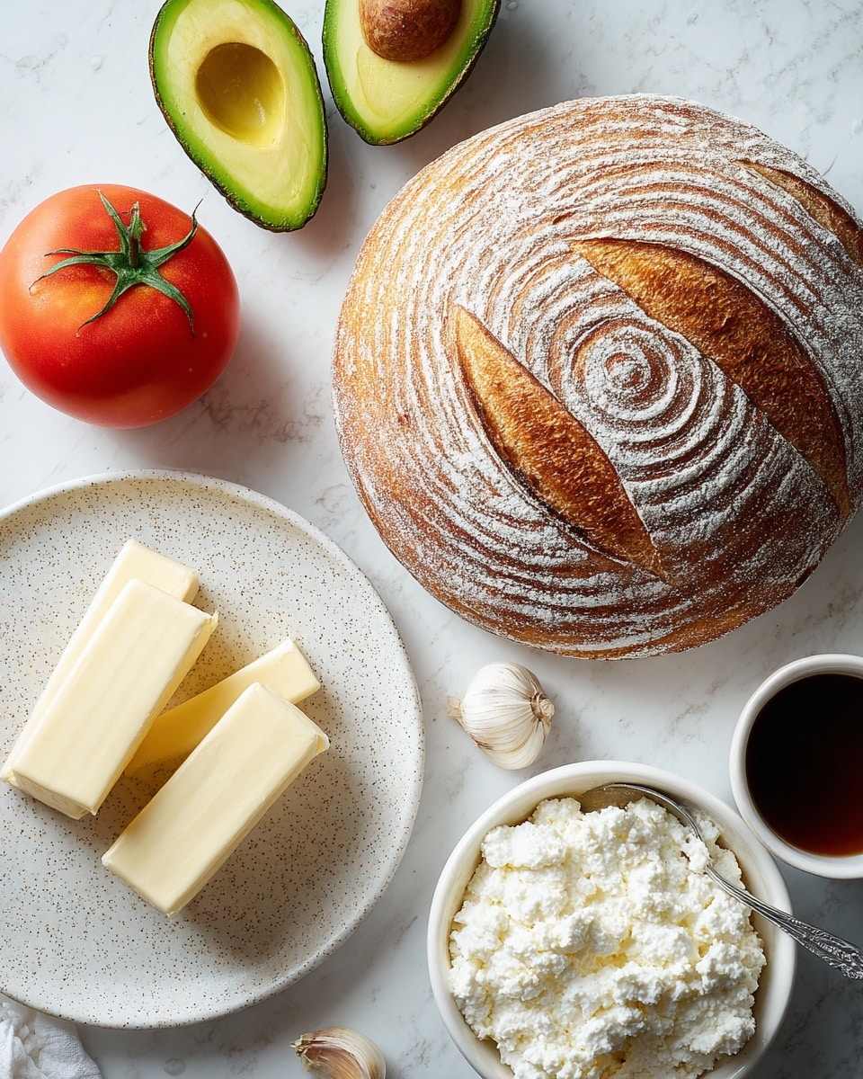 A round loaf of bread with a dusting of white flour and carved spiral patterns sits on a white marbled surface. Below it, a white bowl filled with chunky white cottage cheese holds a spoon. To the left, two halves of a bright green avocado with one half showing the brown seed are placed near a ripe red tomato with a small green stem. On a white speckled plate, two thick cream-colored sticks of butter lie beside a small white cup filled with dark honey, and a single small clove of pale garlic rests near the cup. Photo taken with an iphone --ar 4:5 --v 7